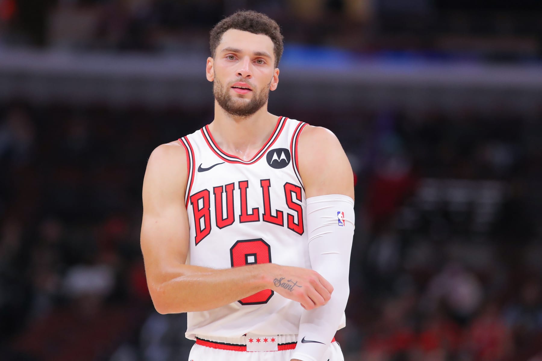 CHICAGO, IL - OCTOBER 17: Chicago Bulls guard Zach LaVine (8) looks on during a NBA game between the Toronto Raptors and the Chicago Bulls on October 17, 2023 at the United Center in Chicago, IL. (Photo by Melissa Tamez/Icon Sportswire via Getty Images)