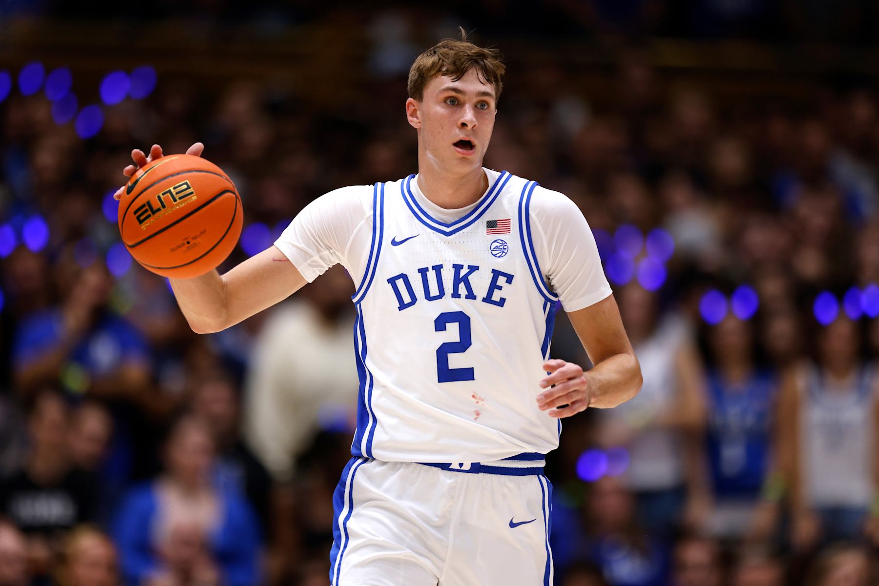 DURHAM, NORTH CAROLINA - OCTOBER 4: Cooper Flagg #2 of the Duke Blue Devils dribbles up court during Countdown to Craziness at Cameron Indoor Stadium on October 4, 2024 in Durham, North Carolina. (Photo by Lance King/Getty Images)