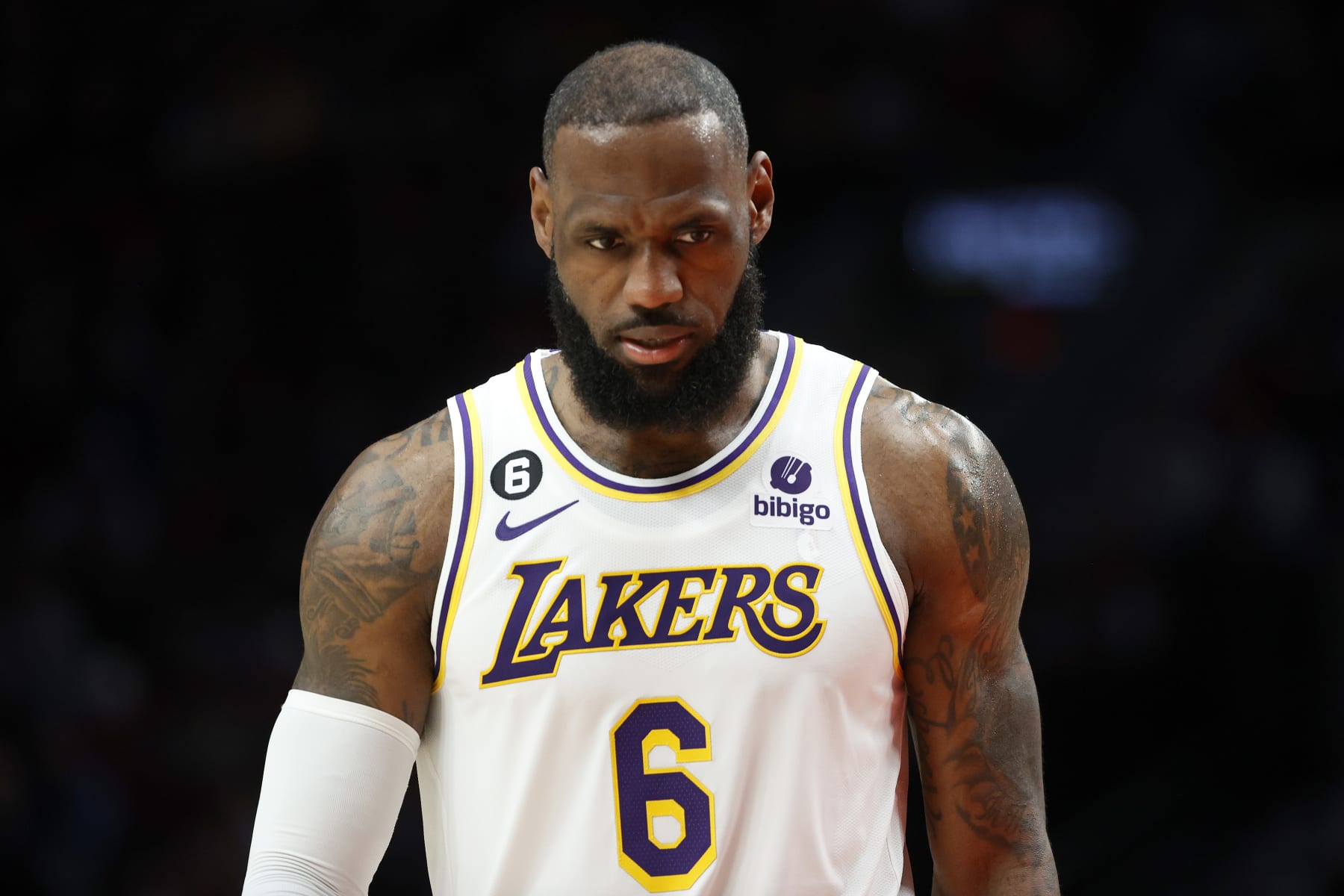 PORTLAND, OREGON - JANUARY 22: LeBron James #6 of the Los Angeles Lakers reacts during the first half against the Portland Trail Blazers at Moda Center on January 22, 2023 in Portland, Oregon. NOTE TO USER: User expressly acknowledges and agrees that, by downloading and/or using this photograph, User is consenting to the terms and conditions of the Getty Images License Agreement. (Photo by Steph Chambers/Getty Images)