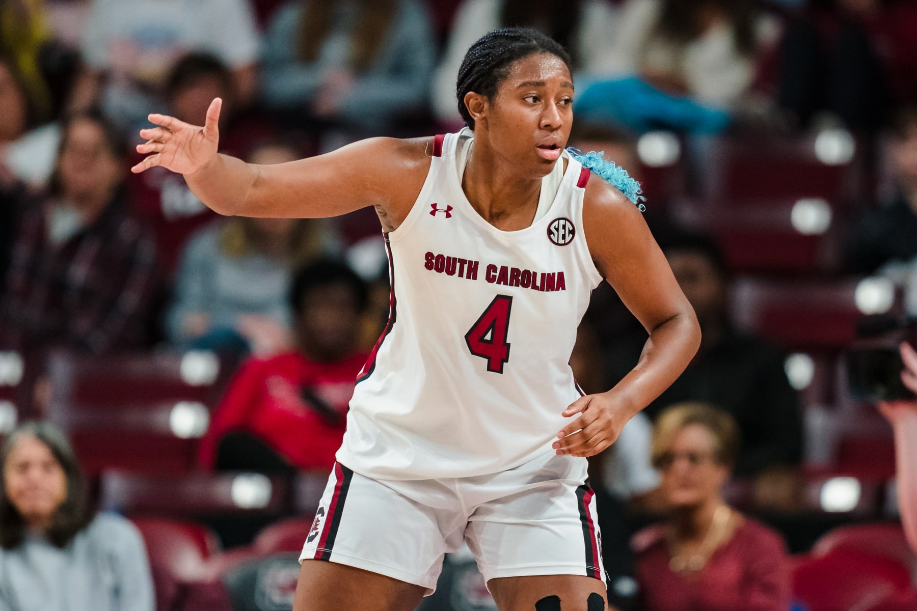 COLUMBIA, SOUTH CAROLINA - DECEMBER 11: Aliyah Boston #4 of the South Carolina Gamecocks plays against the Liberty Lady Flames during their game at Colonial Life Arena on December 11, 2022 in Columbia, South Carolina. (Photo by Jacob Kupferman/Getty Images)