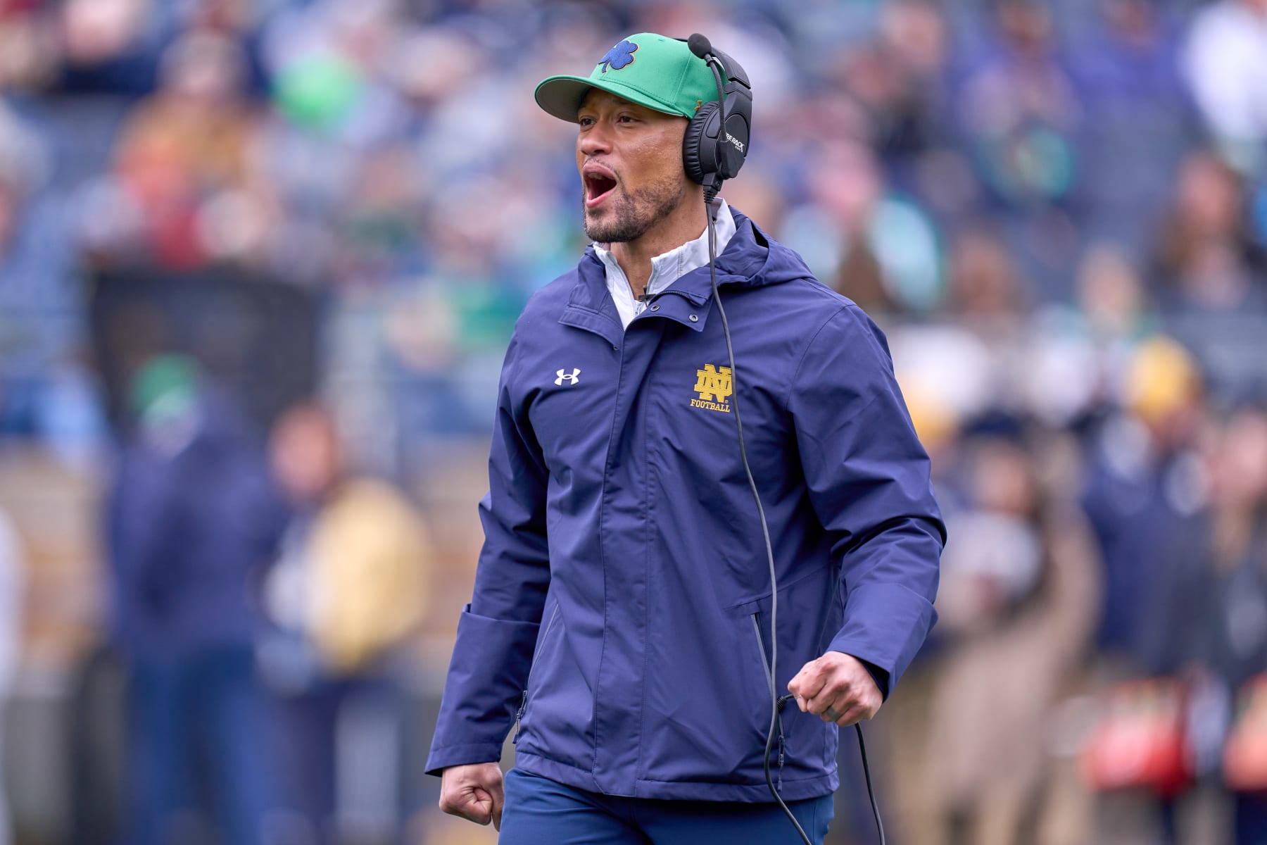 SOUTH BEND, INDIANA - APRIL 22: Notre Dame Fighting Irish head coach Marcus Freeman looks on during the Notre Dame Blue-Gold Spring Football Game at Notre Dame Stadium on April 22, 2023 in South Bend, Indiana. (Photo by Robin Alam/Icon Sportswire via Getty Images)