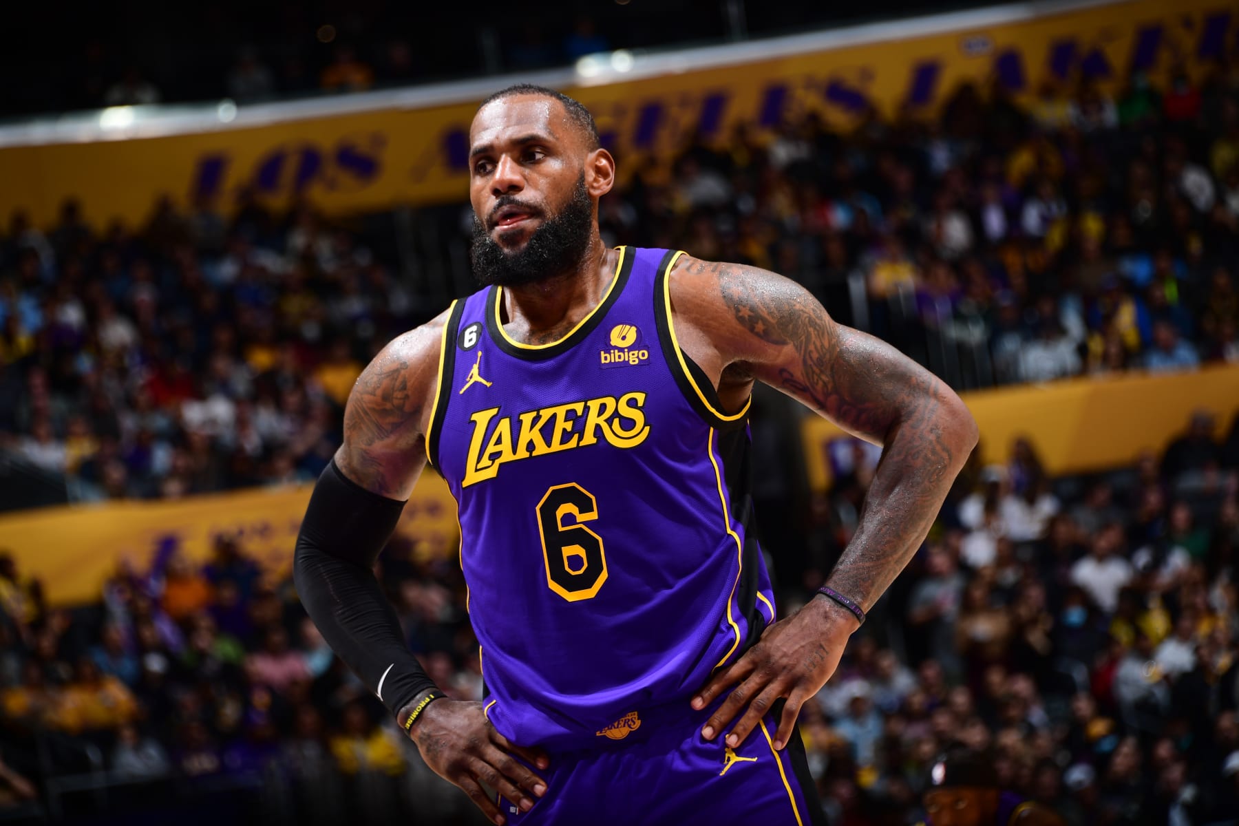LOS ANGELES, CA - NOVEMBER 4: LeBron James #6 of the Los Angeles Lakers looks on during the game against the Utah Jazz on November 4, 2022 at Crypto.Com Arena in Los Angeles, California. NOTE TO USER: User expressly acknowledges and agrees that, by downloading and/or using this Photograph, user is consenting to the terms and conditions of the Getty Images License Agreement. Mandatory Copyright Notice: Copyright 2022 NBAE (Photo by Adam Pantozzi/NBAE via Getty Images)