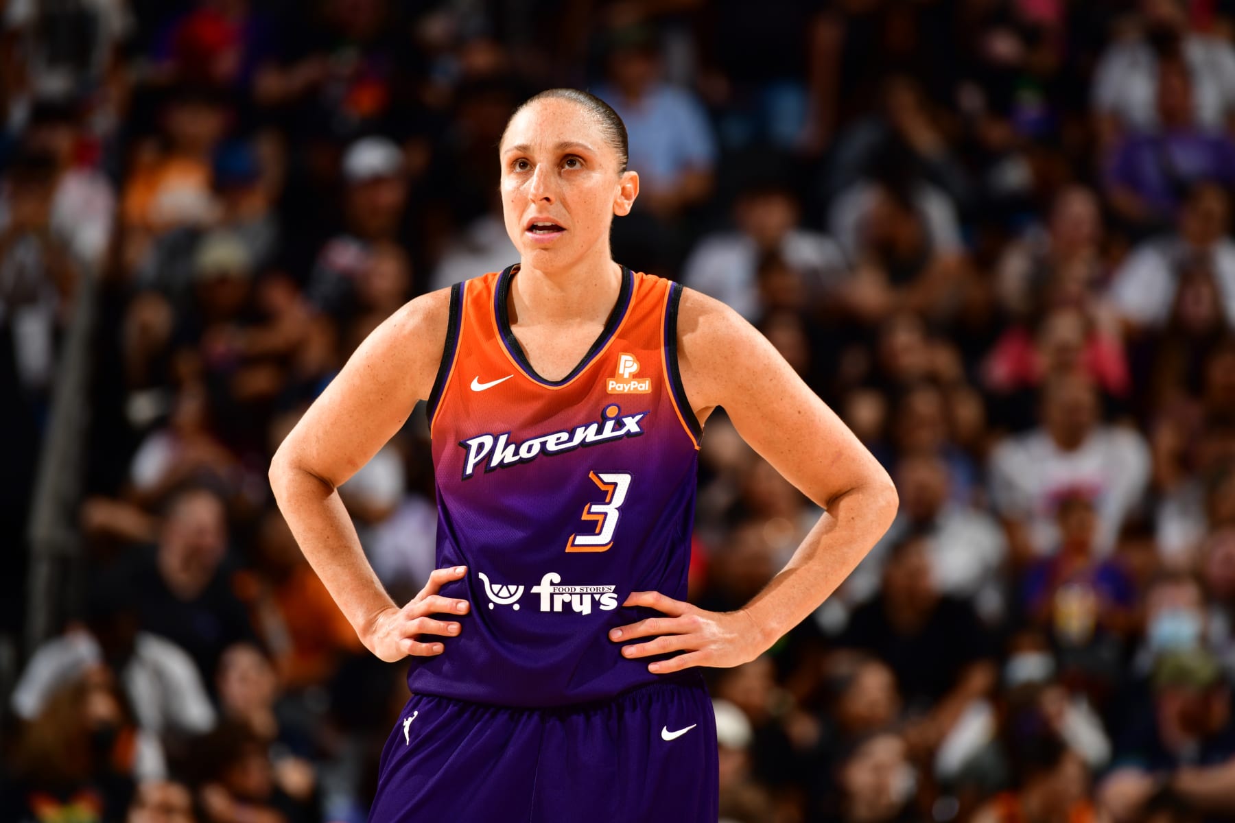 PHOENIX, AZ - JULY 22: Diana Taurasi #3 of the Phoenix Mercury looks on during the game against the Seattle Storm on July 22, 2022 at Footprint Center in Phoenix, Arizona. NOTE TO USER: User expressly acknowledges and agrees that, by downloading and or using this photograph, user is consenting to the terms and conditions of the Getty Images License Agreement. Mandatory Copyright Notice: Copyright 2022 NBAE (Photo by Barry Gossage/NBAE via Getty Images)