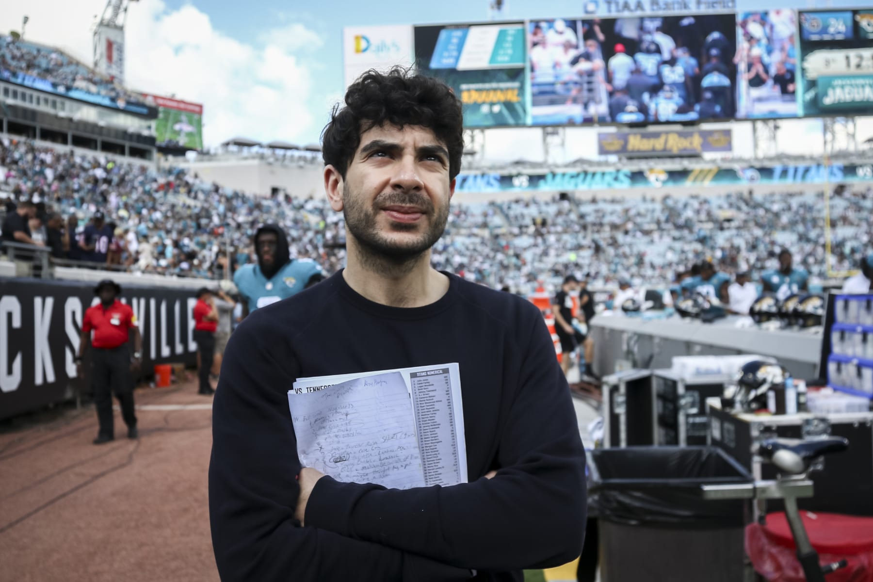 Tony Khan, founder, co-owner, president, and CEO of the All Elite Wrestling attends an NFL football game between the Jacksonville Jaguars and the Tennessee Titans, Sunday, Oct. 10, 2021, in Jacksonville, Fla. (AP Photo/Stephen B. Morton)