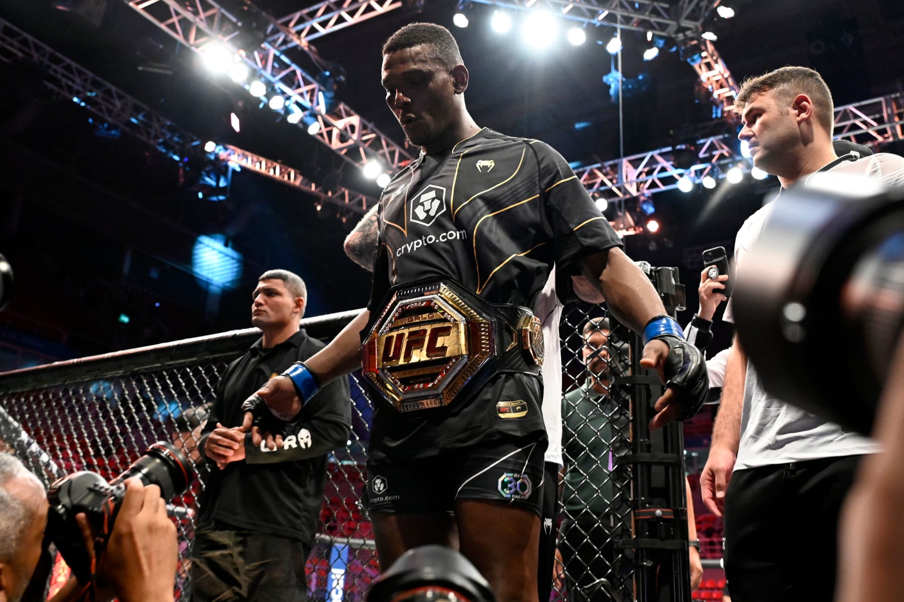 US Jamahal Hill celebrates victory over Brazilian Glover Teixera after their fight for the light heavyweight title at the Ultimate Fighting Championship (UFC) event at the Jeunesse Arena in Rio de Janeiro, Brazil, on January 21, 2023. (Photo by MAURO PIMENTEL / AFP) (Photo by MAURO PIMENTEL/AFP via Getty Images)