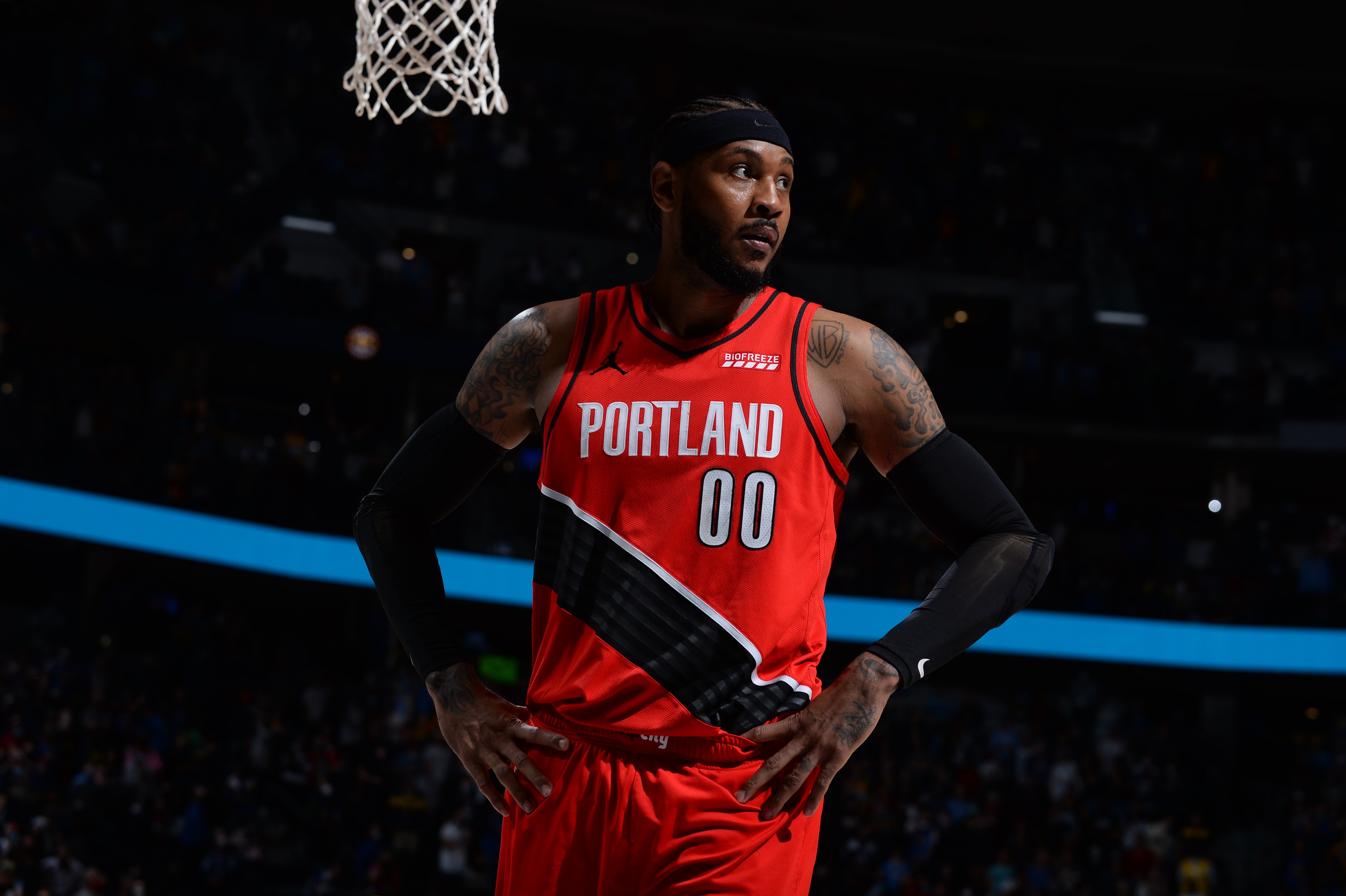 DENVER, CO - JUNE 1: Carmelo Anthony #00 of the Portland Trail Blazers looks on during the game against the Denver Nuggets during Round 1, Game 5 of the 2021 NBA Playoffs on June 1, 2021 at the Pepsi Center in Denver, Colorado. NOTE TO USER: User expressly acknowledges and agrees that, by downloading and/or using this Photograph, user is consenting to the terms and conditions of the Getty Images License Agreement. Mandatory Copyright Notice: Copyright 2020 NBAE (Photo by Bart Young/NBAE via Getty Images)