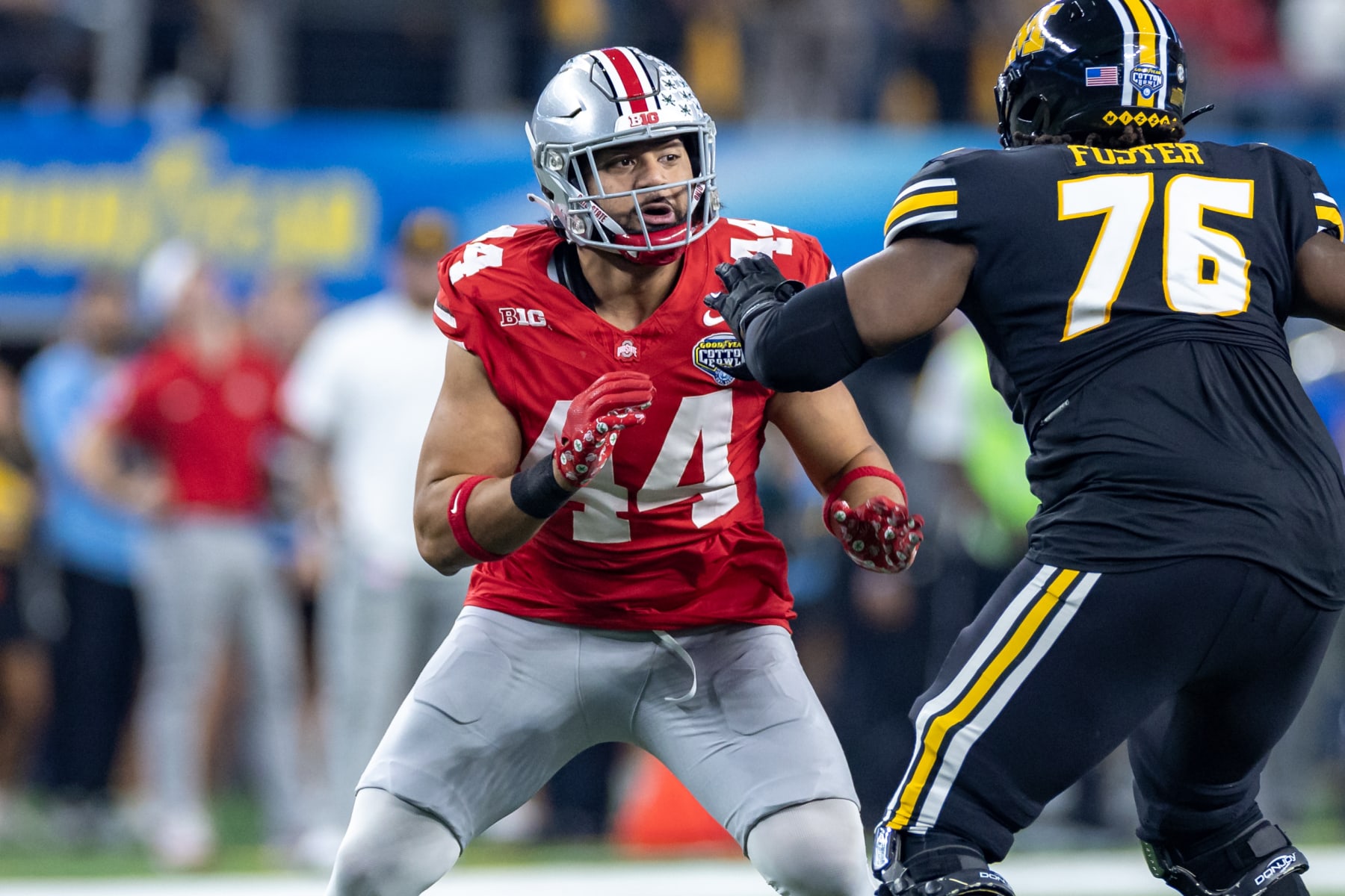 ARLINGTON, TX - DECEMBER 29: Ohio State Buckeyes defensive end JT Tuimoloau (#44) battles with Missouri Tigers lineman Javon Foster (#76) during the Goodyear Cotton Bowl Classic football game between the Ohio State Buckeyes and Missouri Tigers on December 29, 2023 at AT&T Stadium in Arlington, TX.  (Photo by Matthew Visinsky/Icon Sportswire via Getty Images)