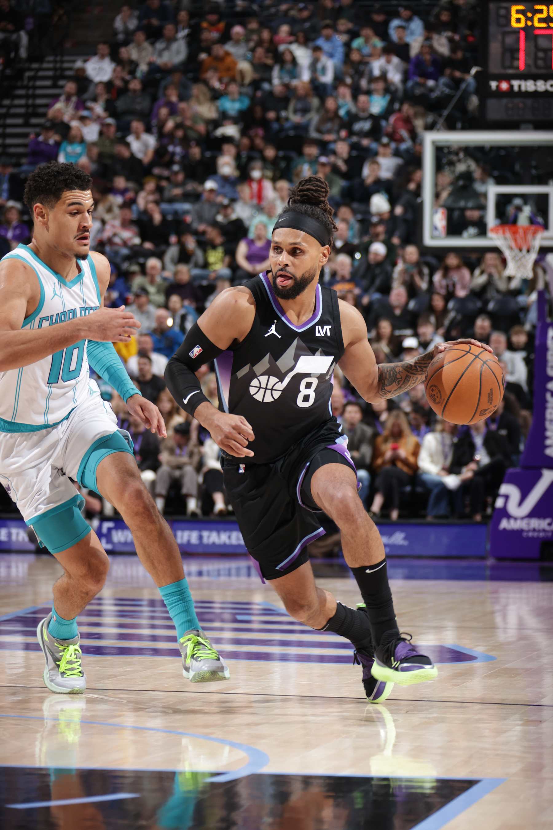 SALT LAKE CITY, UT - JANUARY 15: Patty Mills #8 of the Utah Jazz handles the ball during the game against the Charlotte Hornets on January 15, 2025 at Delta Center in Salt Lake City, Utah. NOTE TO USER: User expressly acknowledges and agrees that, by downloading and or using this Photograph, User is consenting to the terms and conditions of the Getty Images License Agreement. Mandatory Copyright Notice: Copyright 2025 NBAE (Photo by Melissa Majchrzak/NBAE via Getty Images)