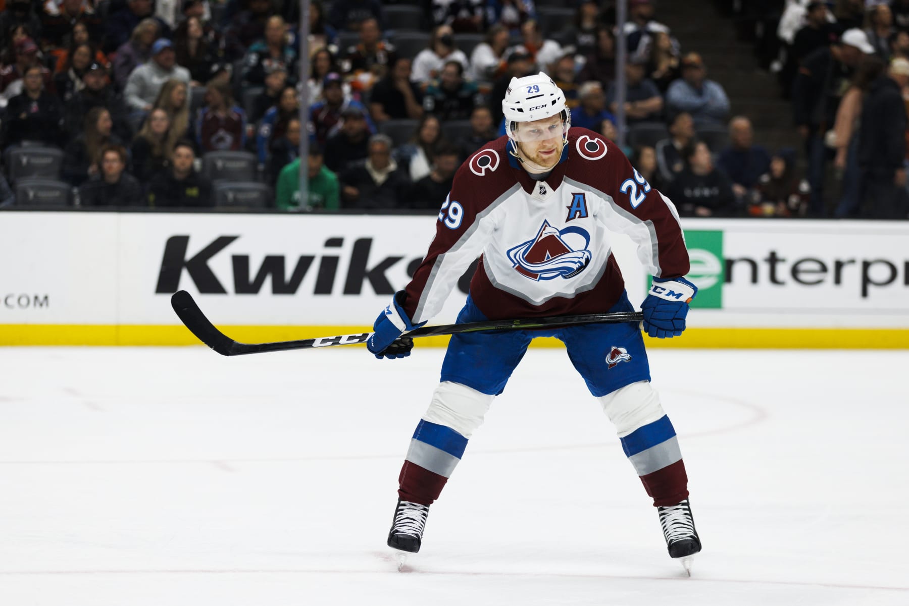 ANAHEIM, CA - APRIL 09: Colorado Avalanche center Nathan MacKinnon (29) during an NHL hockey game between the Colorado Avalanche and the Anaheim Ducks on April 9, 2023 at Honda Center in Anaheim, CA. (Photo by Ric Tapia/Icon Sportswire via Getty Images)