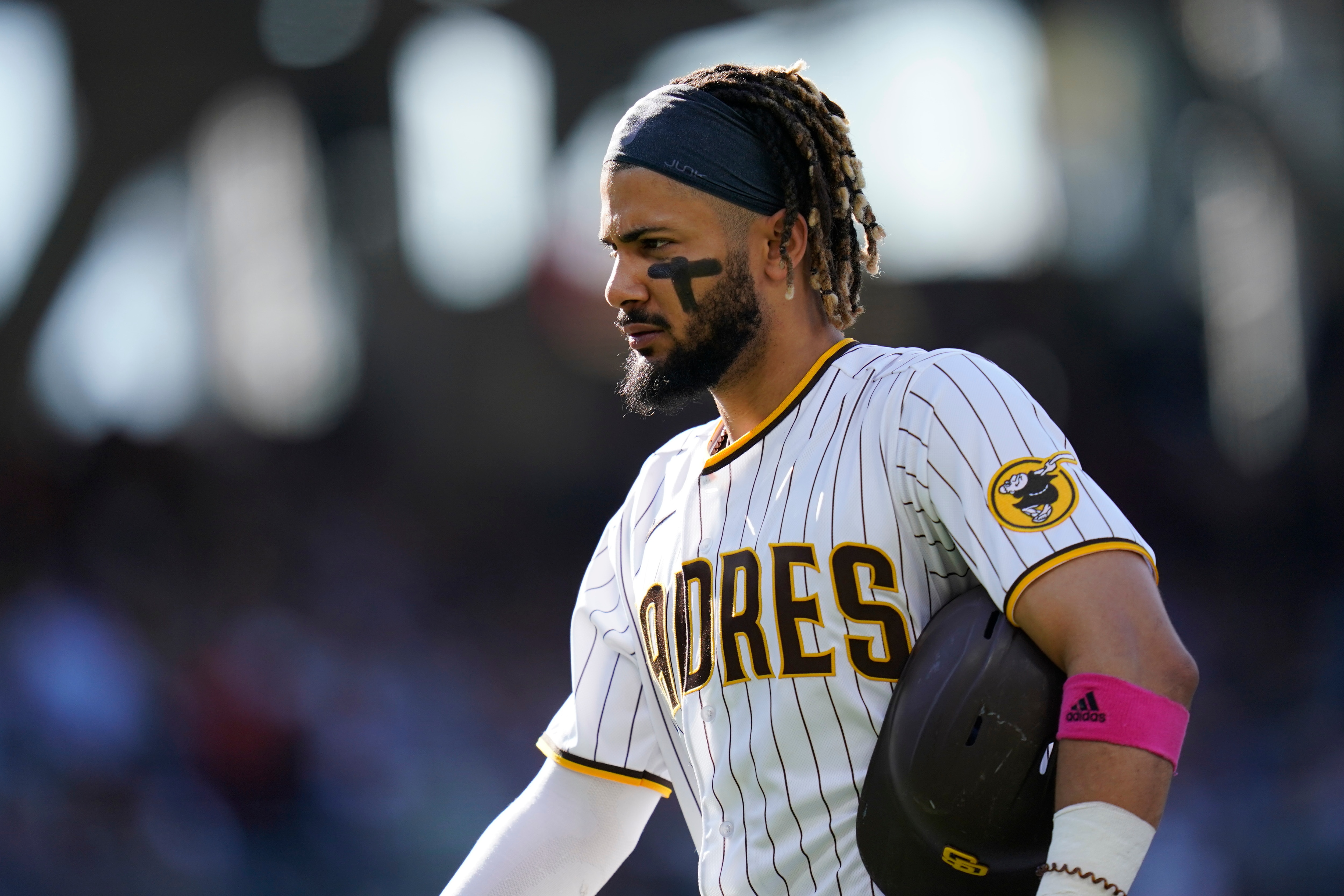 San Diego Padres' Fernando Tatis Jr. during the third inning of a baseball game against the San Francisco Giants, Thursday, Sept. 23, 2021, in San Diego. (AP Photo/Gregory Bull)