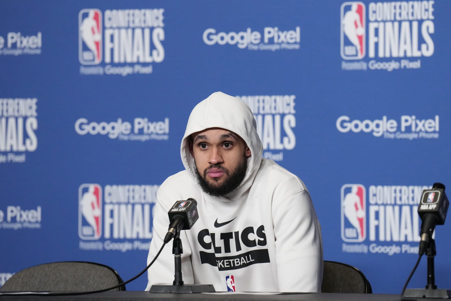 MIAMI, FL - MAY 27: Derrick White #9 of the Boston Celtics talks to the media after Game Six of the Eastern Conference Finals against the Miami Heat on May 27, 2023 at the Kaseya Center in Miami, Florida. NOTE TO USER: User expressly acknowledges and agrees that, by downloading and or using this Photograph, user is consenting to the terms and conditions of the Getty Images License Agreement. Mandatory Copyright Notice: Copyright 2023 NBAE (Photo by Jesse D. Garrabrant/NBAE via Getty Images)