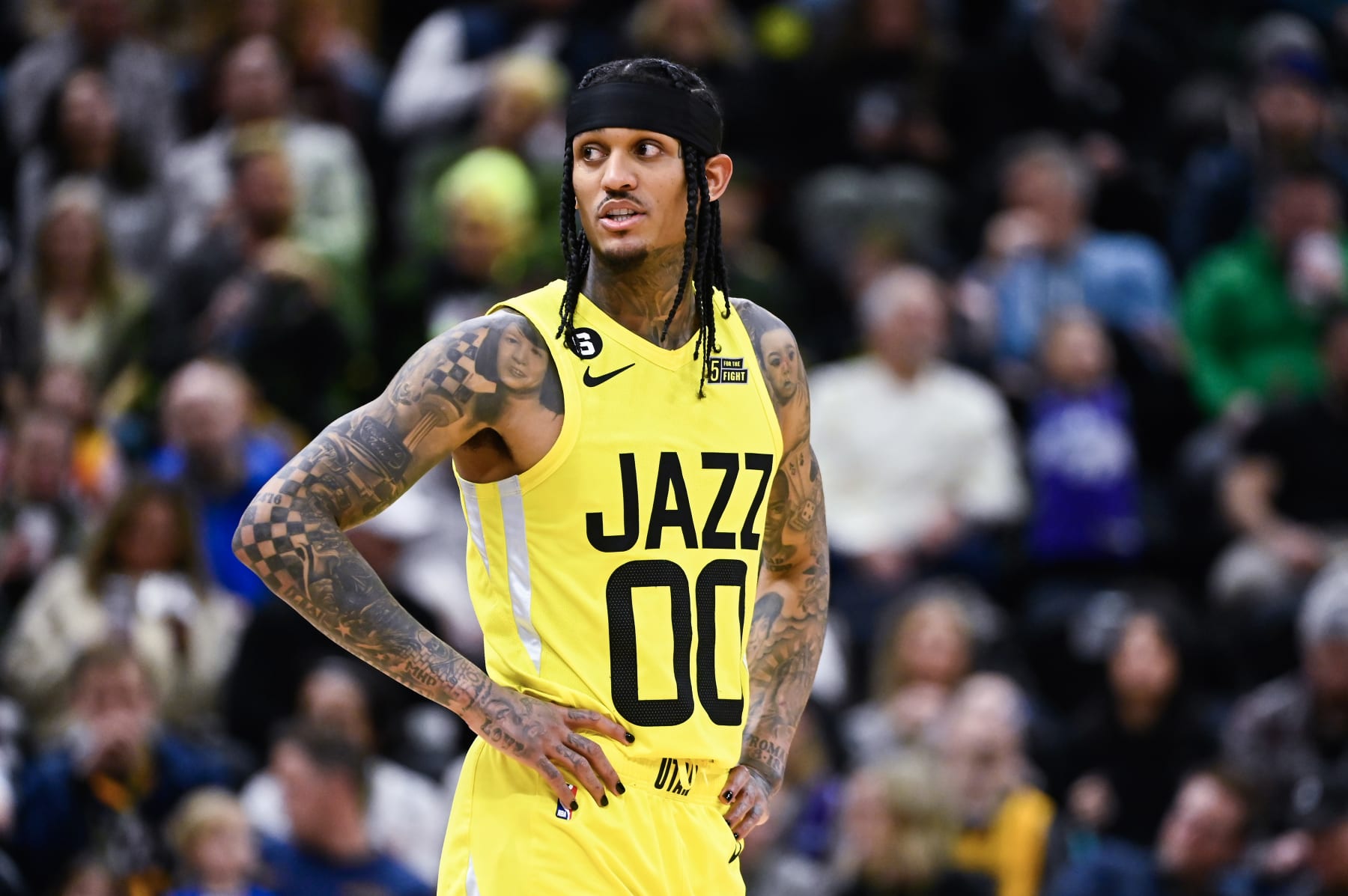 SALT LAKE CITY, UTAH - FEBRUARY 03: Jordan Clarkson #00 of the Utah Jazz in action during the first half of a game against the Atlanta Hawks at Vivint Arena on February 03, 2023 in Salt Lake City, Utah.  NOTE TO USER: User expressly acknowledges and agrees that, by downloading and or using this photograph, User is consenting to the terms and conditions of the Getty Images License Agreement. (Photo by Alex Goodlett/Getty Images)