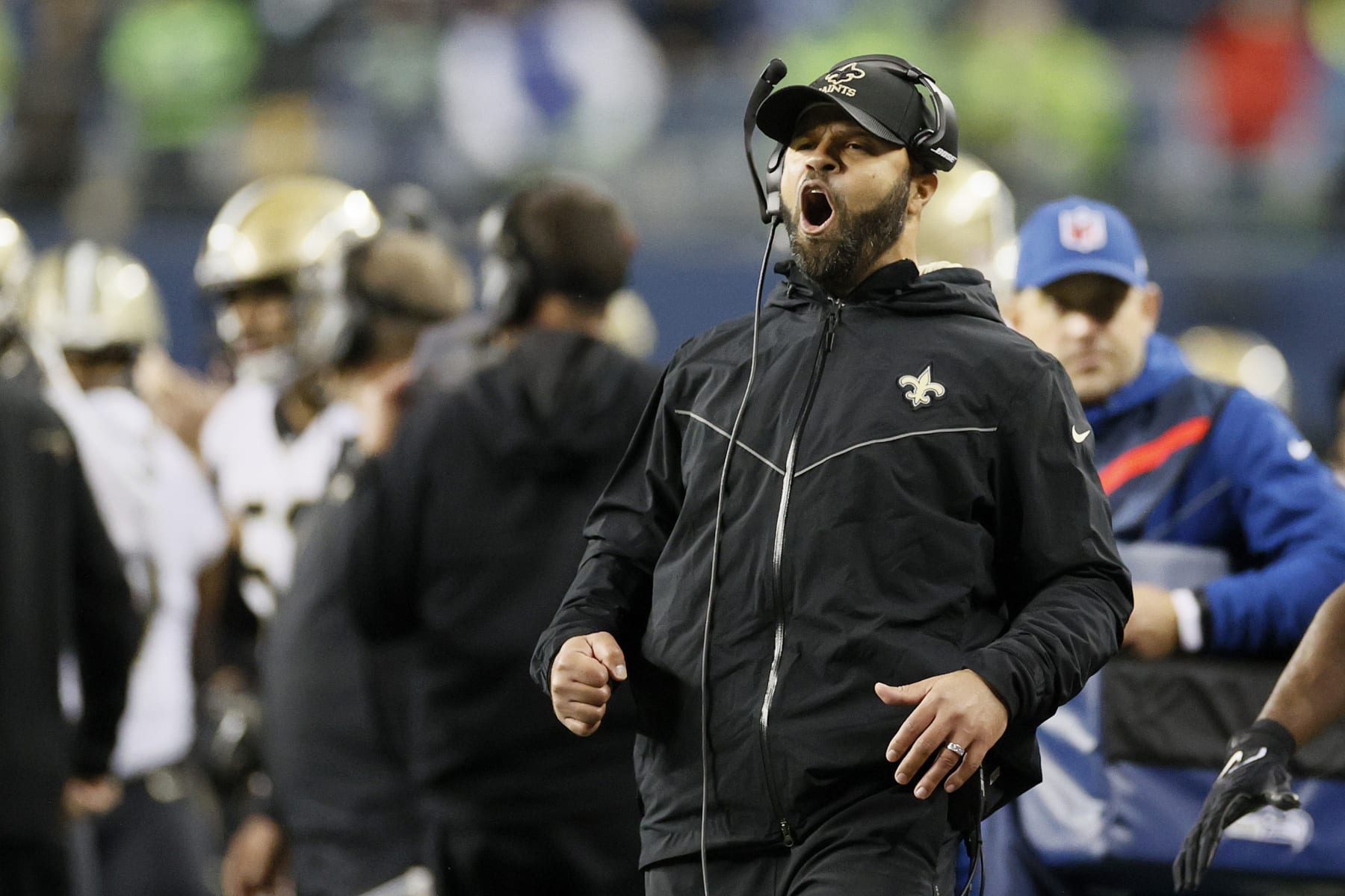 SEATTLE, WASHINGTON - OCTOBER 25: Secondary coach Kris Richard of the New Orleans Saints reacts during the third quarter against the Seattle Seahawks at Lumen Field on October 25, 2021 in Seattle, Washington. (Photo by Steph Chambers/Getty Images)