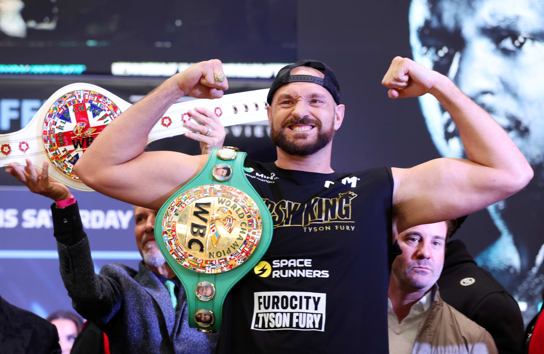 LONDON, ENGLAND - APRIL 22: Tyson Fury of Great Britain poses with the WBC belt during the weigh-in ahead of the heavyweight boxing match between Tyson Fury and Dillian Whyte at BOXPARK on April 22, 2022 in London, England. (Photo by Julian Finney/Getty Images)