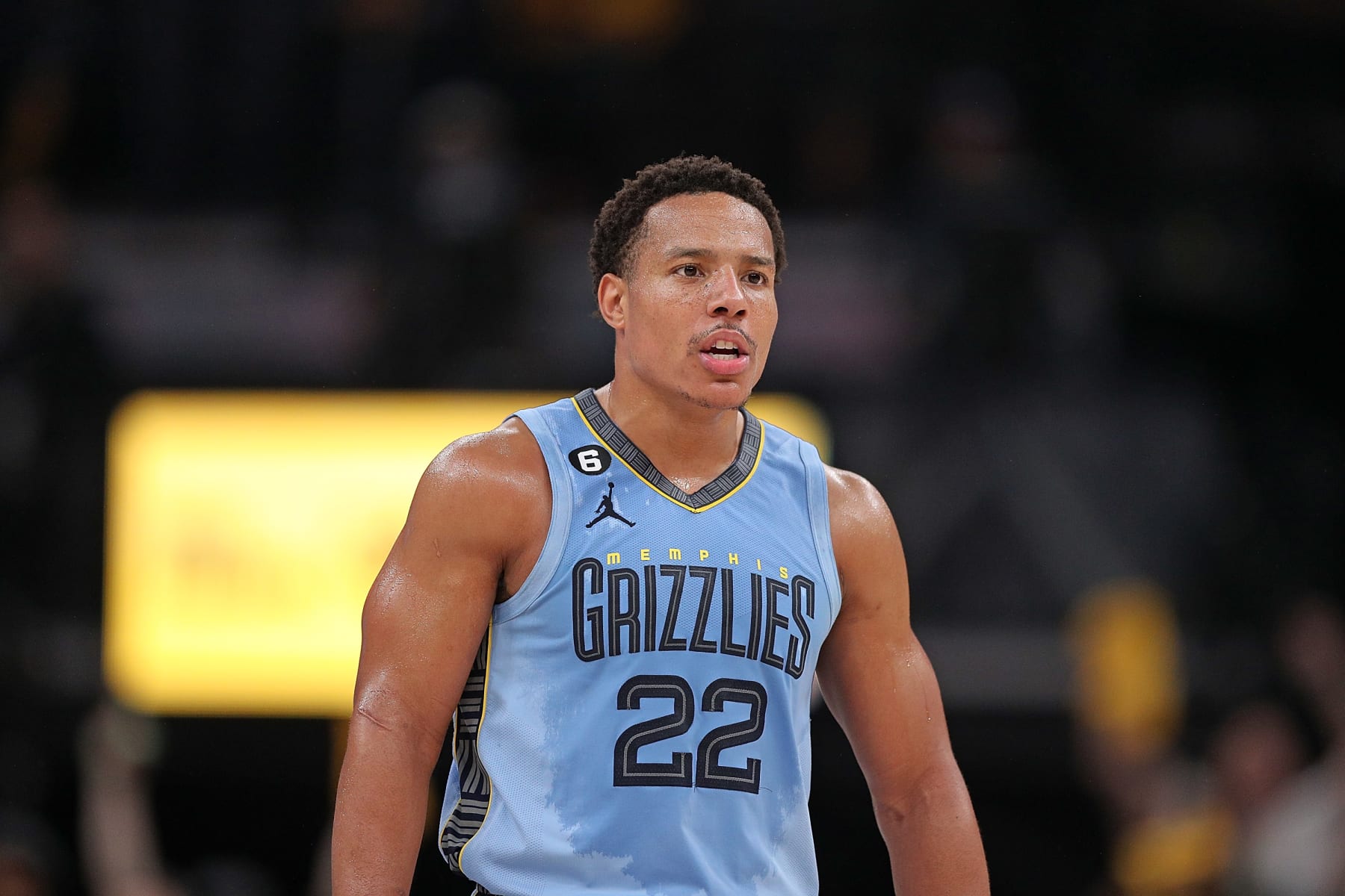 MEMPHIS, TENNESSEE - APRIL 26: Desmond Bane #22 of the Memphis Grizzlies looks on against the Los Angeles Lakers during Game Five of the Western Conference First Round Playoffs at FedExForum on April 26, 2023 in Memphis, Tennessee. NOTE TO USER: User expressly acknowledges and agrees that, by downloading and or using this photograph, User is consenting to the terms and conditions of the Getty Images License Agreement. (Photo by Justin Ford/Getty Images)
