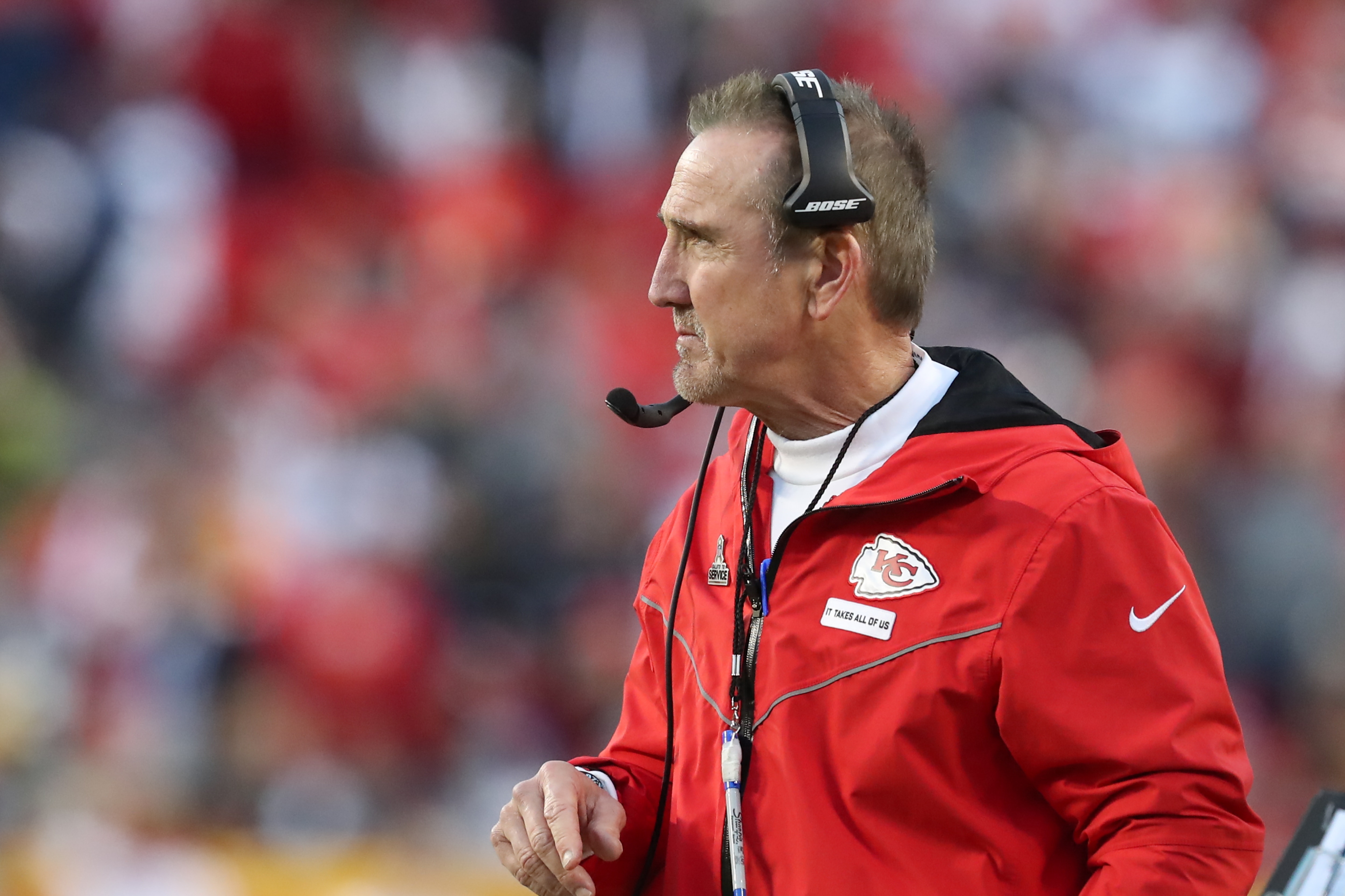 KANSAS CITY, MO - NOVEMBER 21: Kansas City Chiefs defensive coordinator Steve Spagnuolo during an NFL football game between the Dallas Cowboys and Kansas City Chiefs on Nov 21, 2021 at GEHA Field at Arrowhead Stadium in Kansas City, MO. (Photo by Scott Winters/Icon Sportswire via Getty Images)
