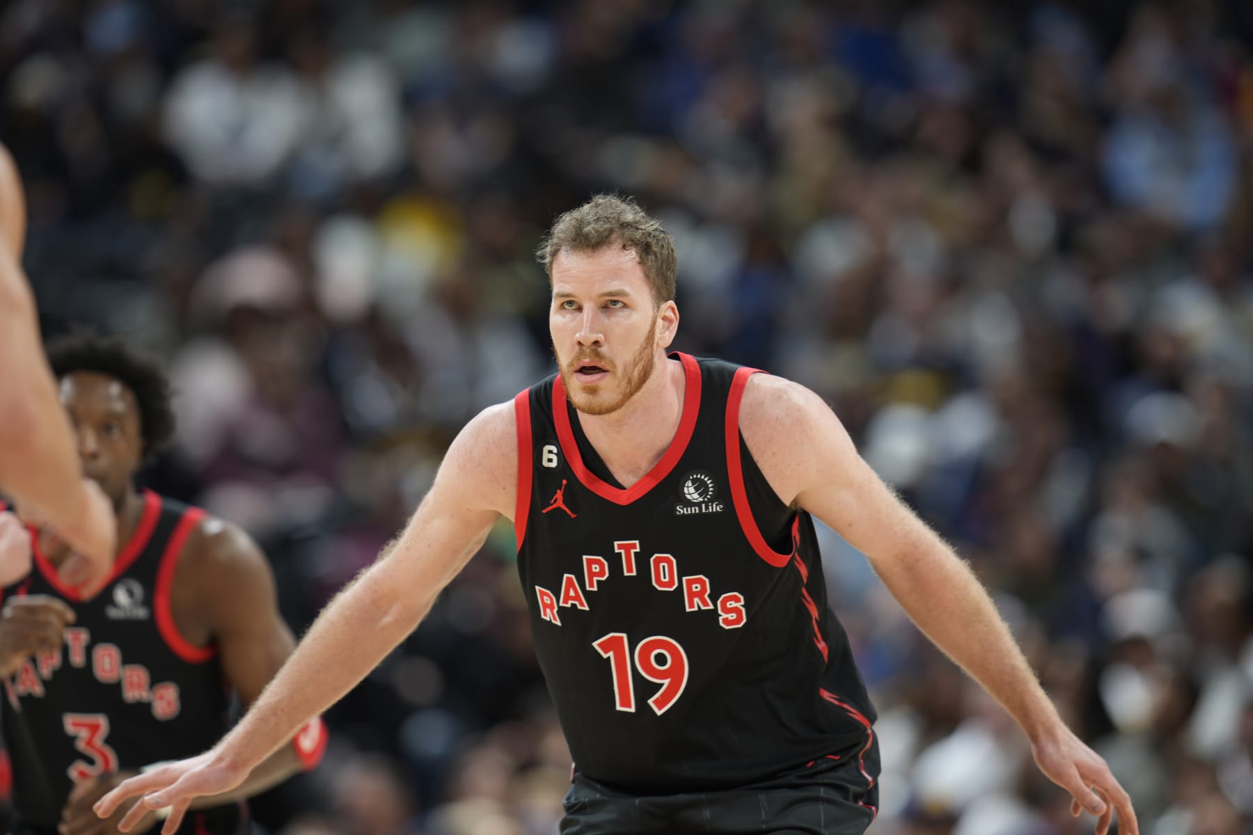 Toronto Raptors center Jakob Poeltl (19) in the first half of an NBA basketball game Monday, March 6, 2023, in Denver. (AP Photo/David Zalubowski)