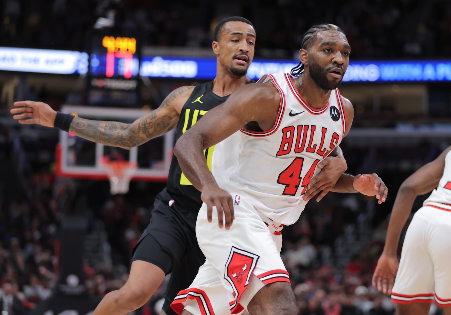 CHICAGO, IL - NOVEMBER 04: Utah Jazz forward John Collins (20) guards Chicago Bulls forward Patrick Williams (44) during the first half on November 4, 2024 at the United Center in Chicago,Illinois.(Photo by Melissa Tamez/Icon Sportswire via Getty Images)