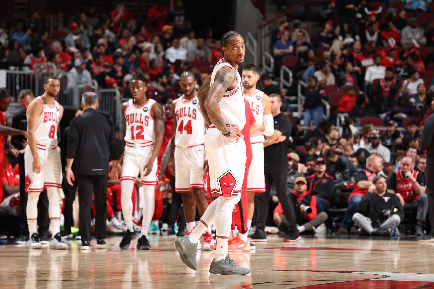 CHICAGO, IL - OCTOBER 4: DeMar DeRozan #11 of the Chicago Bulls looks on during the game against the New Orleans Pelicans on October 4, 2022 at United Center in Chicago, Illinois. NOTE TO USER: User expressly acknowledges and agrees that, by downloading and or using this photograph, User is consenting to the terms and conditions of the Getty Images License Agreement. Mandatory Copyright Notice: Copyright 2022 NBAE (Photo by Jeff Haynes/NBAE via Getty Images)