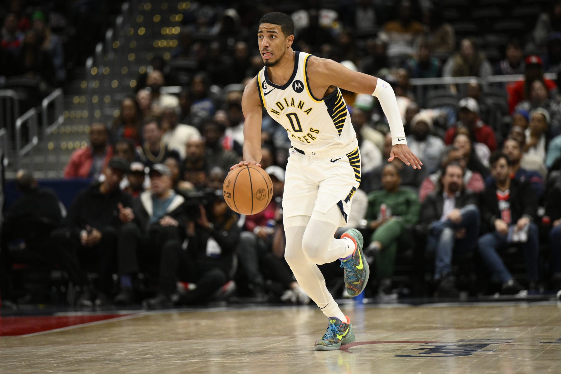 Indiana Pacers guard Tyrese Haliburton (0) in action during the second half of an NBA basketball game against the Washington Wizards, Friday, Oct. 28, 2022, in Washington. (AP Photo/Nick Wass)