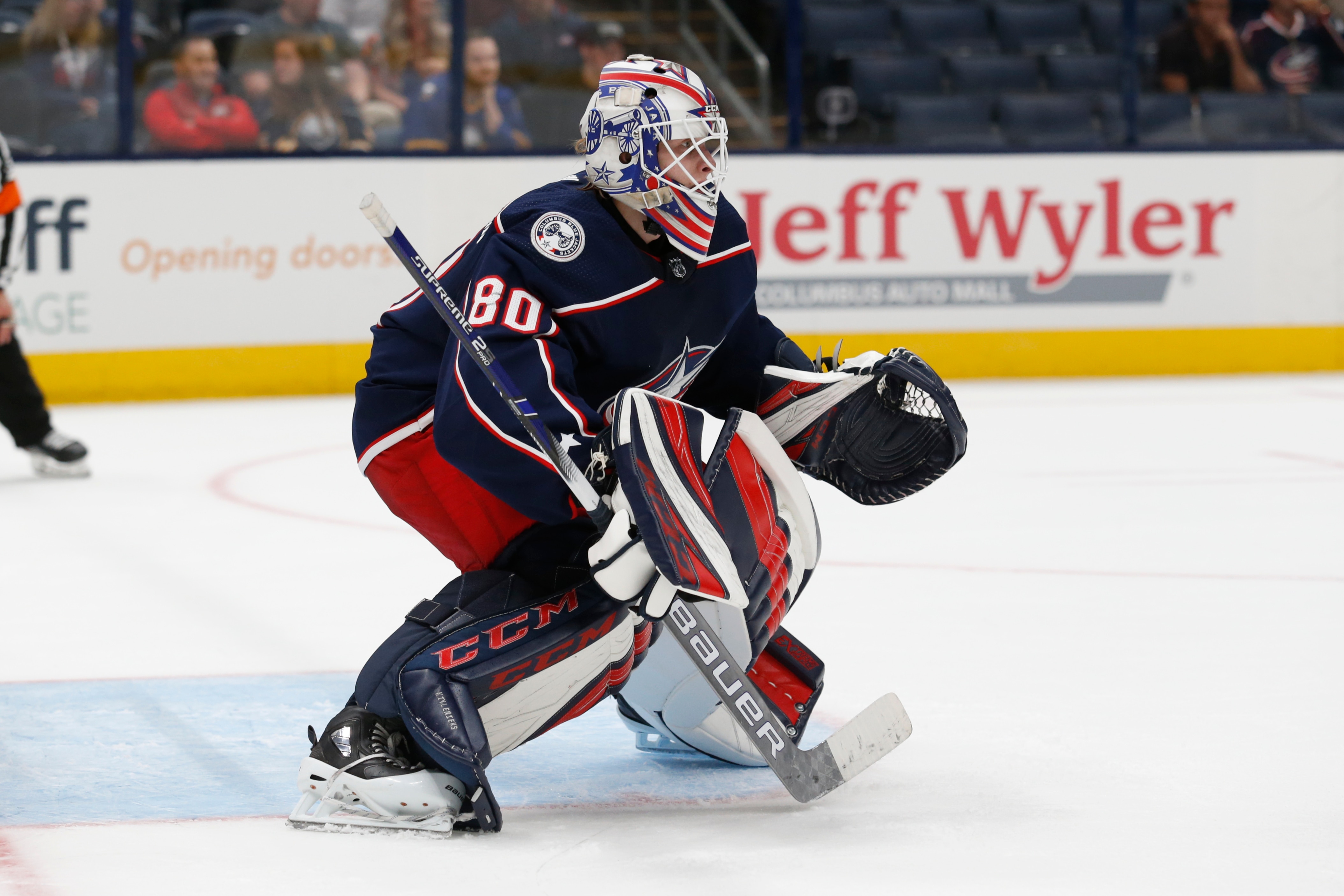 Columbus Blue Jackets goalie Matiss Kivlenieks, of Latvia, is seen against the Buffalo Sabres during an NHL preseason hockey game in Columbus, Ohio, Tuesday, Sept. 17, 2019. The Blue Jackets won 4-1. (AP Photo/Paul Vernon)