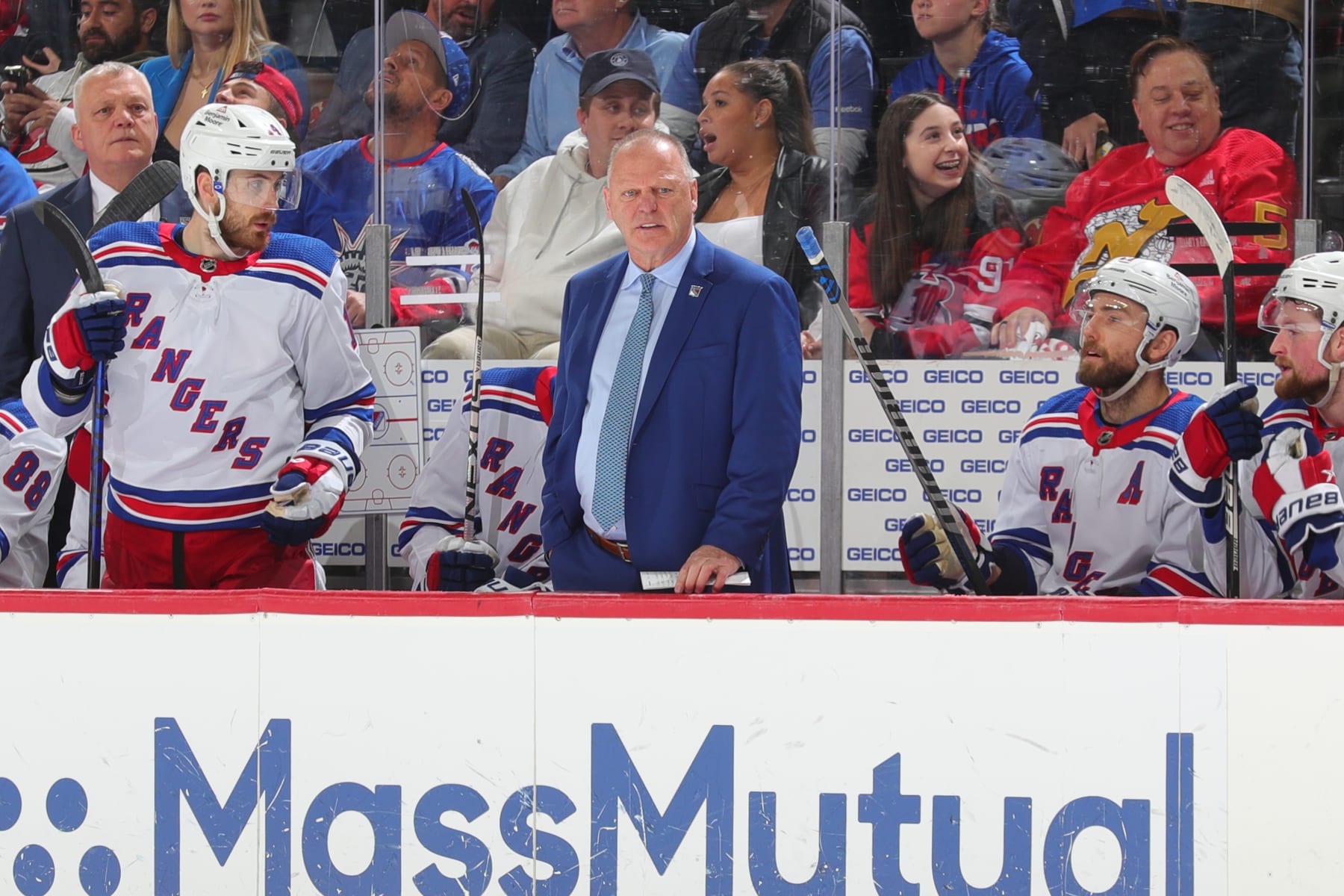 NEWARK, NJ - MAY 01:  Gerard Gallant head coach of the New York Rangers during Game Seven of the First Round of the 2023 Stanley Cup Playoffs against the New Jersey Devils at the Prudential Center on May 1, 2023 in Newark, New Jersey.  (Photo by Rich Graessle/NHLI via Getty Images)
