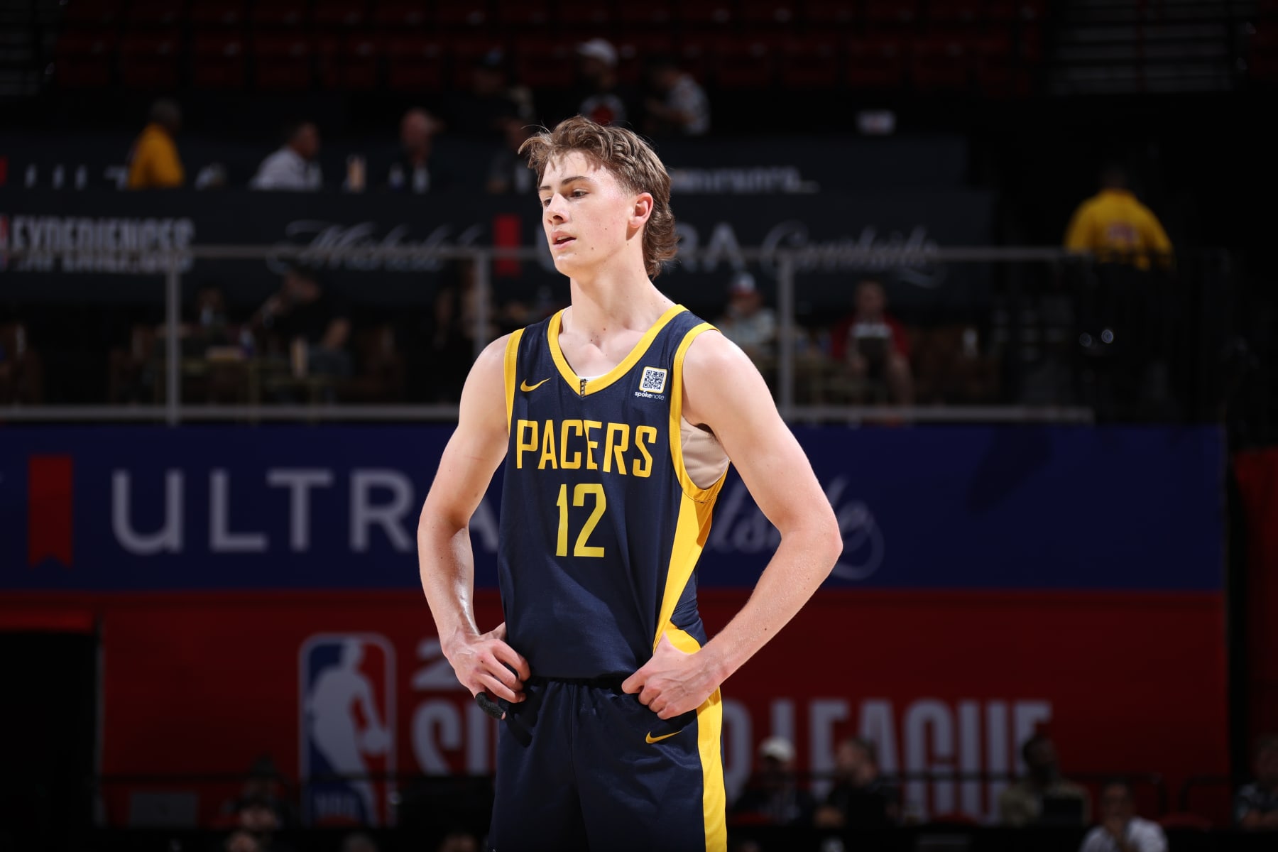 LAS VEGAS, NV - JULY 18: Johnny Furphy #12 of the Indiana Pacers looks on during the game against the Denver Nuggets on July 18, 2024 at the Thomas & Mack Center in Las Vegas, Nevada. NOTE TO USER: User expressly acknowledges and agrees that, by downloading and or using this photograph, User is consenting to the terms and conditions of the Getty Images License Agreement. Mandatory Copyright Notice: Copyright 2024 NBAE (Photo by Stephen Gosling/NBAE via Getty Images)
