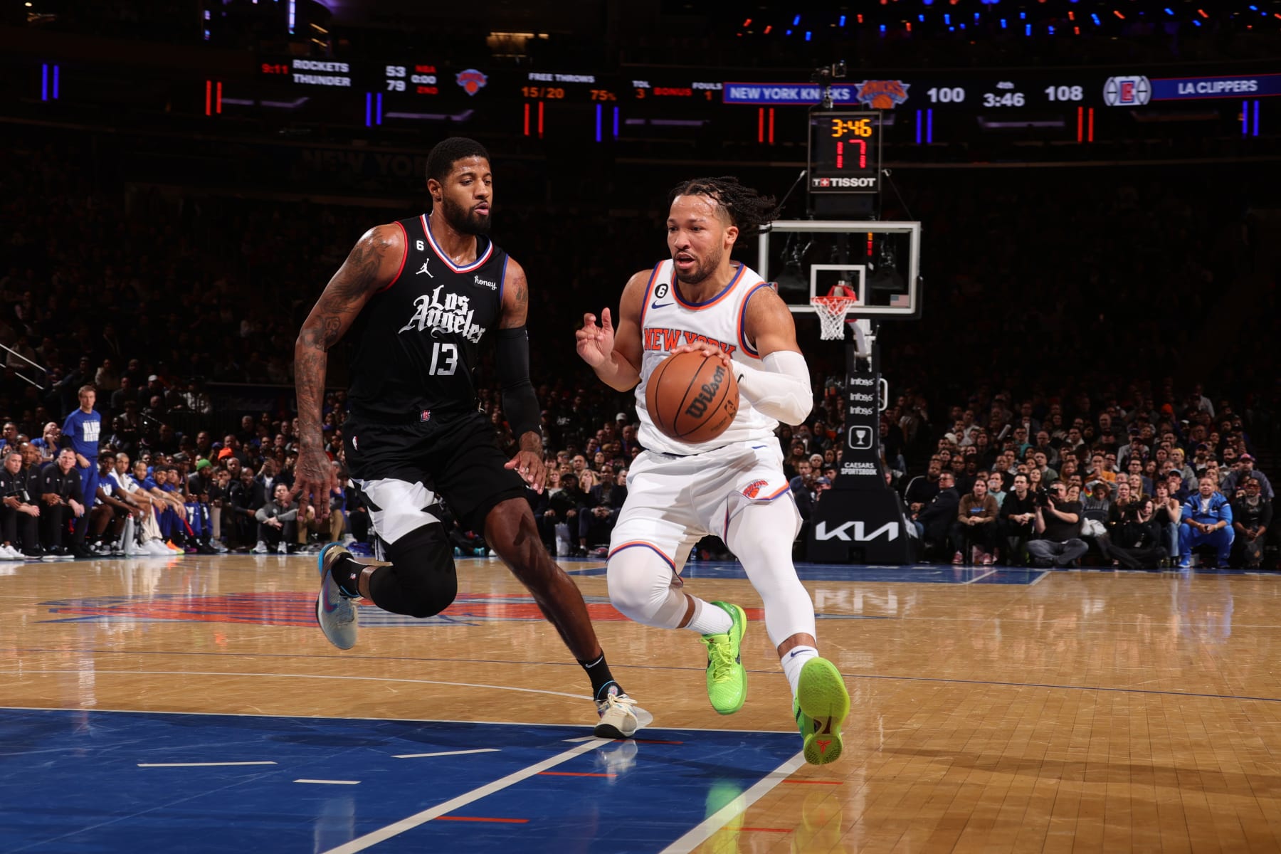 NEW YORK, NY - FEBRUARY 4: Jalen Brunson #11 of the New York Knicks drives to the basket against defender Paul George #13 of the LA Clippers during the game on February 4, 2023 at Madison Square Garden in New York City, New York.  NOTE TO USER: User expressly acknowledges and agrees that, by downloading and or using this photograph, User is consenting to the terms and conditions of the Getty Images License Agreement. Mandatory Copyright Notice: Copyright 2023 NBAE  (Photo by Nathaniel S. Butler/NBAE via Getty Images)