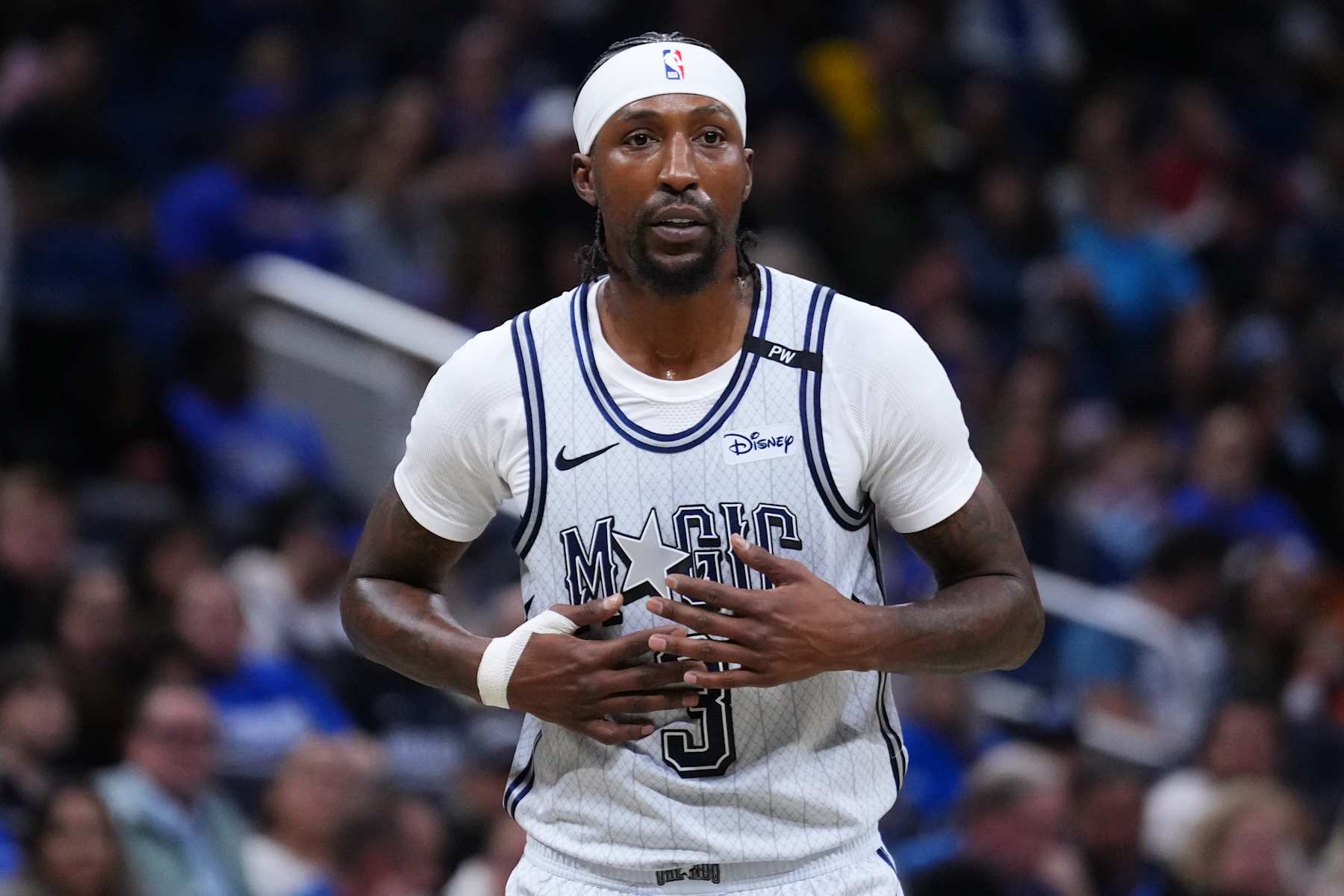 ORLANDO, FLORIDA - NOVEMBER 23: Kentavious Caldwell-Pope #3 of the Orlando Magic looks on against against the Detroit Pistons during the first quarter at Kia Center on November 23, 2024 in Orlando, Florida. NOTE TO USER: User expressly acknowledges and agrees that, by downloading and/or using this photograph, user is consenting to the terms and conditions of the Getty Images License Agreement. (Photo by Rich Storry/Getty Images)