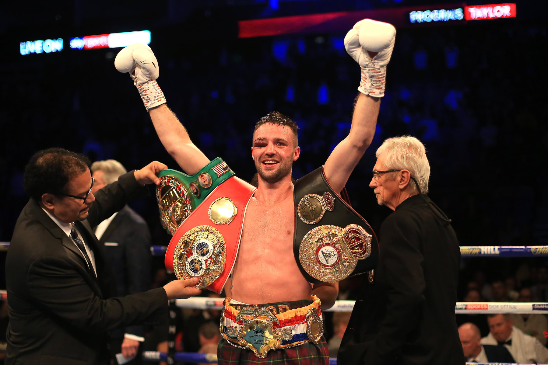 LONDON, ENGLAND - OCTOBER 26: Josh Taylor celebrates victory over Regis Prograis during the World Boxing Super Series Super-Lightweight Ali Trophy Final at The O2 Arena on October 26, 2019 in London, England. (Photo by Stephen Pond/Getty Images)