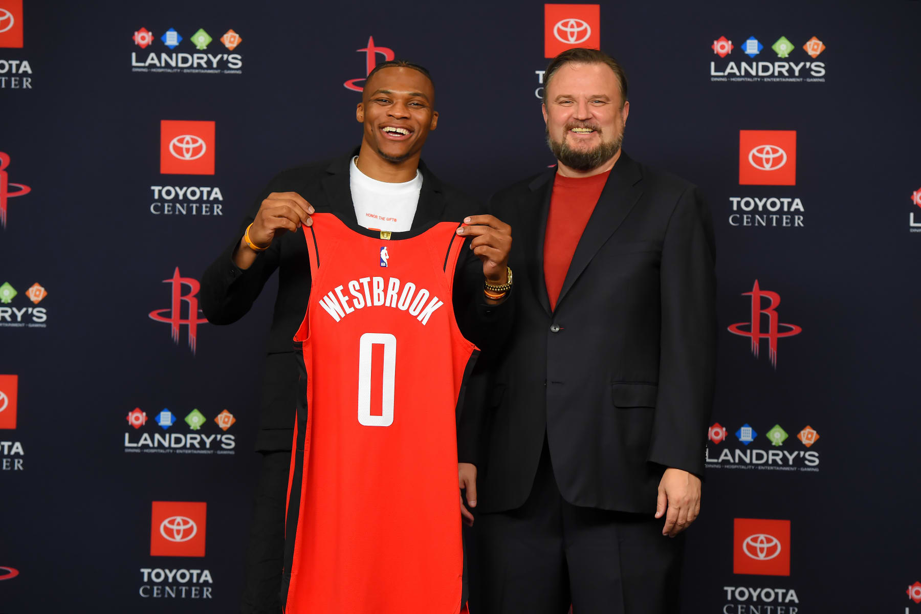 HOUSTON, TX - JULY 26: General Manager Daryl Morey, and Russell Westbrook #0 of the Houston Rockets pose for a photo during the Houston Rockets Introductory Press Conference on July 26, 2019 at the Toyota Center in Houston, Texas. NOTE TO USER: User expressly acknowledges and agrees that, by downloading and or using this photograph, User is consenting to the terms and conditions of the Getty Images License Agreement. Mandatory Copyright Notice: Copyright 2019 NBAE (Photo by Bill Baptist/NBAE via Getty Images)