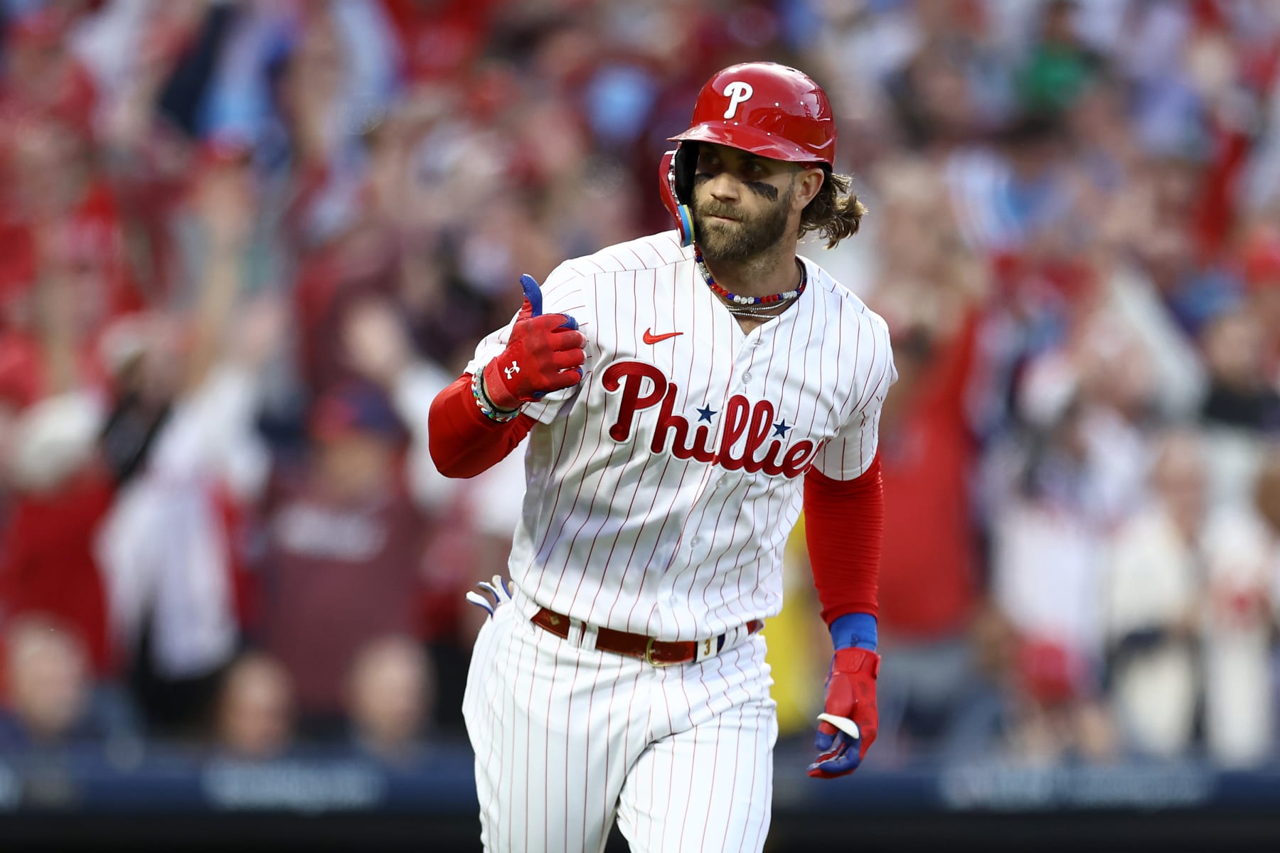 PHILADELPHIA, PENNSYLVANIA - OCTOBER 11: Bryce Harper #3 of the Philadelphia Phillies celebrates after hitting a three run home run against Bryce Elder #55 of the Atlanta Braves during the third inning in Game Three of the Division Series at Citizens Bank Park on October 11, 2023 in Philadelphia, Pennsylvania. (Photo by Tim Nwachukwu/Getty Images)