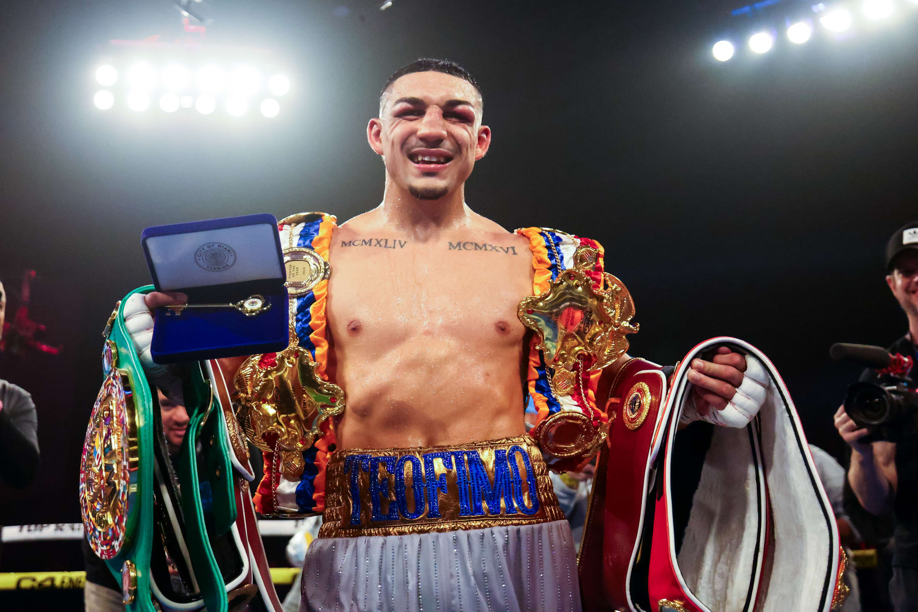 MIAMI, FLORIDA - JUNE 29: Teofimo Lopez celebrates after defeating Steve Claggett during the WBO and Ring Magazine Junior Welterweight World Title bout at James L. Knight Center on June 29, 2024 in Miami, Florida. (Photo by Kelly Gavin/Getty Images)