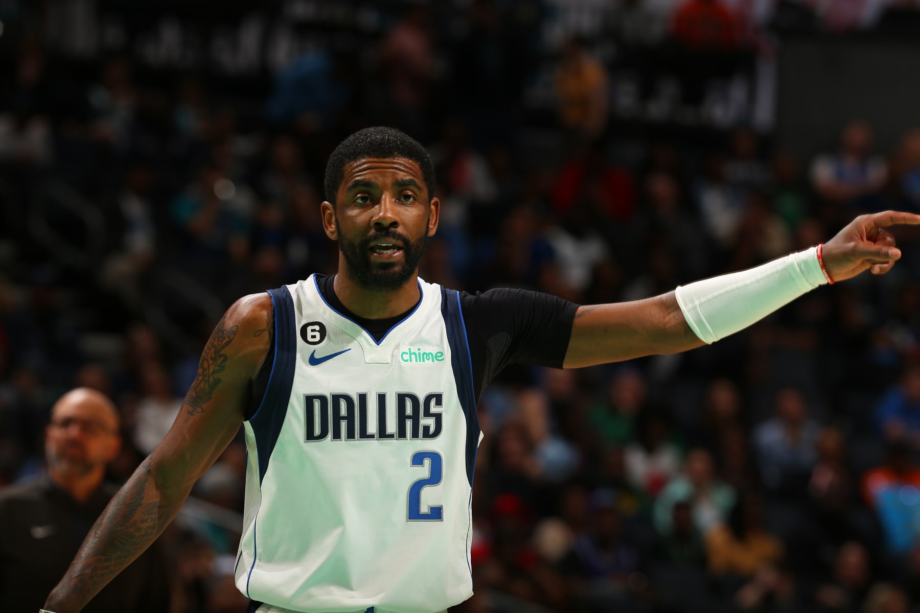 CHARLOTTE, NC - MARCH 26: Kyrie Irving #2 of the Dallas Mavericks looks on during the game against the Charlotte Hornets on March 26, 2023 at Spectrum Center in Charlotte, North Carolina. NOTE TO USER: User expressly acknowledges and agrees that, by downloading and or using this photograph, User is consenting to the terms and conditions of the Getty Images License Agreement. Mandatory Copyright Notice: Copyright 2023 NBAE (Photo by Kent Smith/NBAE via Getty Images)