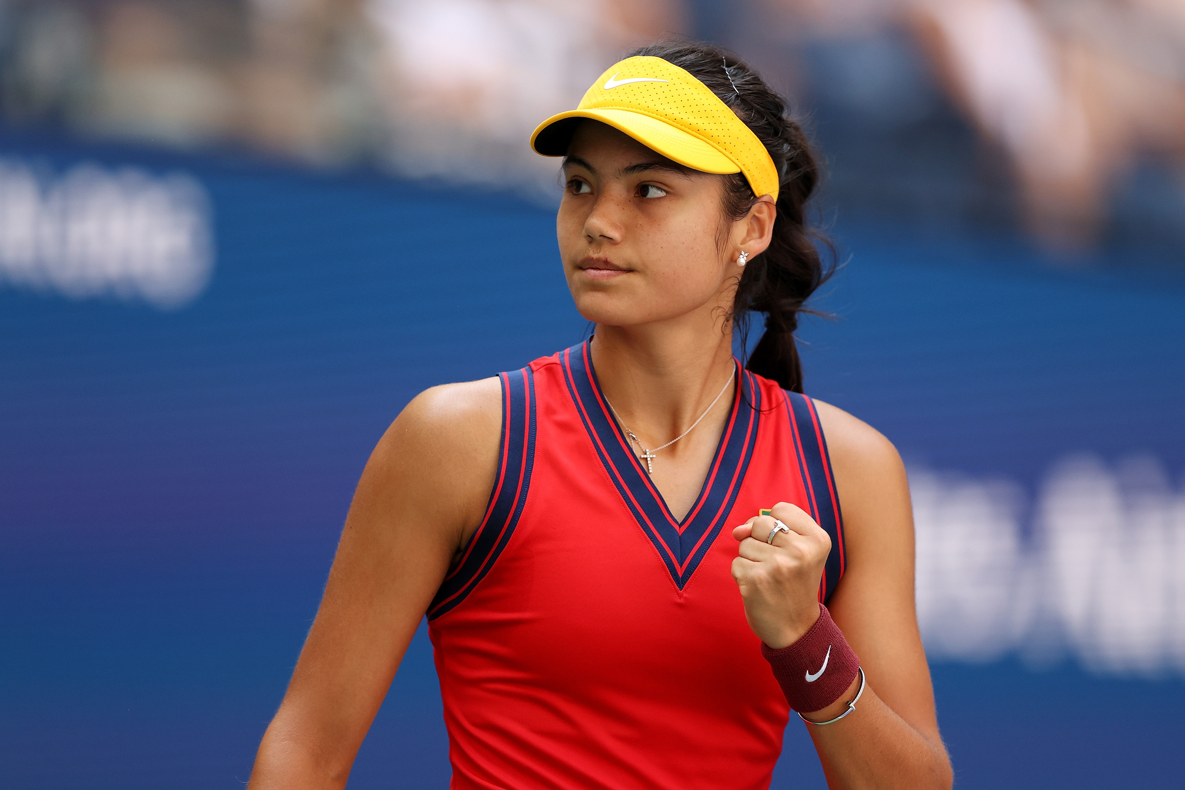 NEW YORK, NEW YORK - SEPTEMBER 08:  Emma Raducanu of the United Kingdom reacts against Belinda Bencic of Switzerland during her Women’s Singles quarterfinals match on Day Ten of the 2021 US Open at the USTA Billie Jean King National Tennis Center on September 08, 2021 in the Flushing neighborhood of the Queens borough of New York City.  (Photo by Elsa/Getty Images)