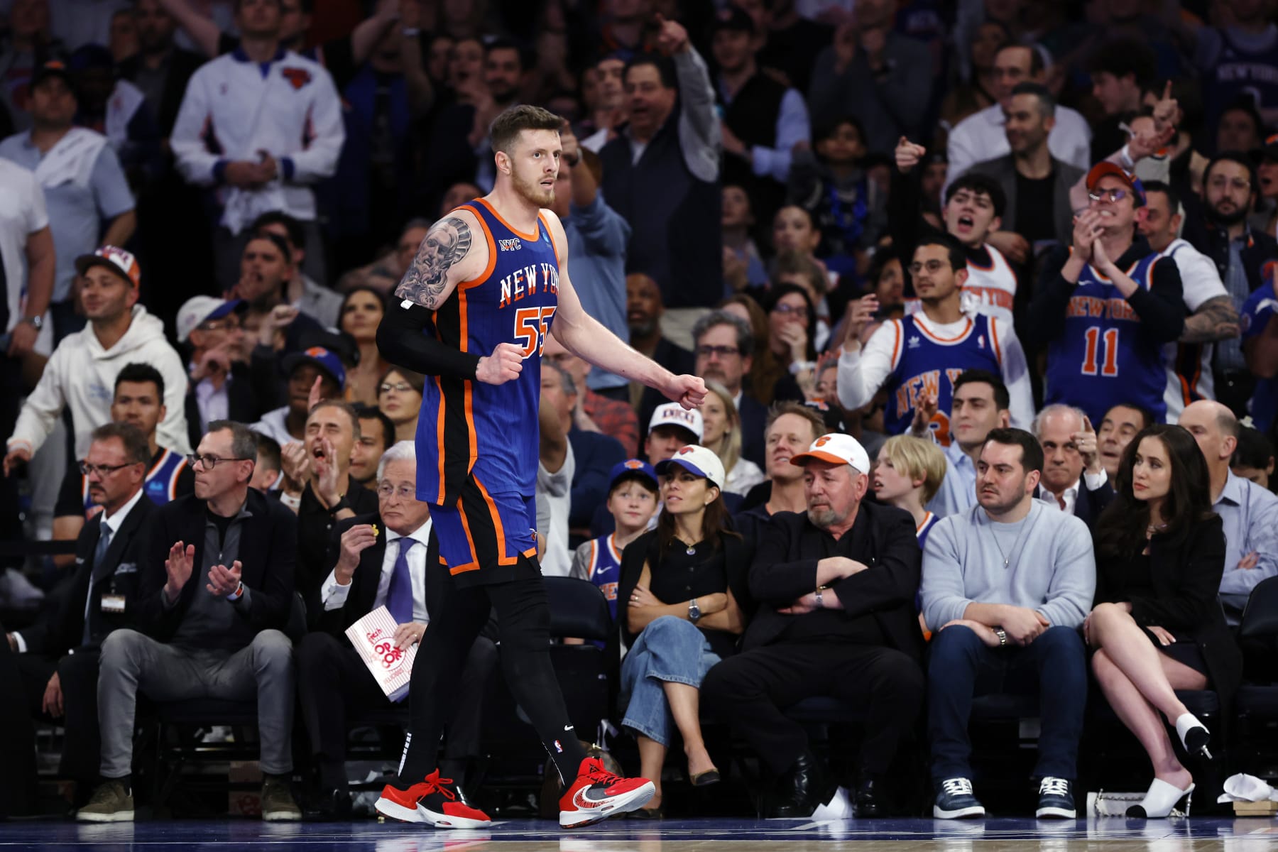 NEW YORK, NEW YORK - MAY 14: Isaiah Hartenstein #55 of the New York Knicks looks on during Game Five of the Eastern Conference Second Round Playoffs against the Indiana Pacers at Madison Square Garden on May 14, 2024 in New York City. The Knicks won 121-91. NOTE TO USER: User expressly acknowledges and agrees that, by downloading and or using this photograph, User is consenting to the terms and conditions of the Getty Images License Agreement. (Photo by Sarah Stier/Getty Images)