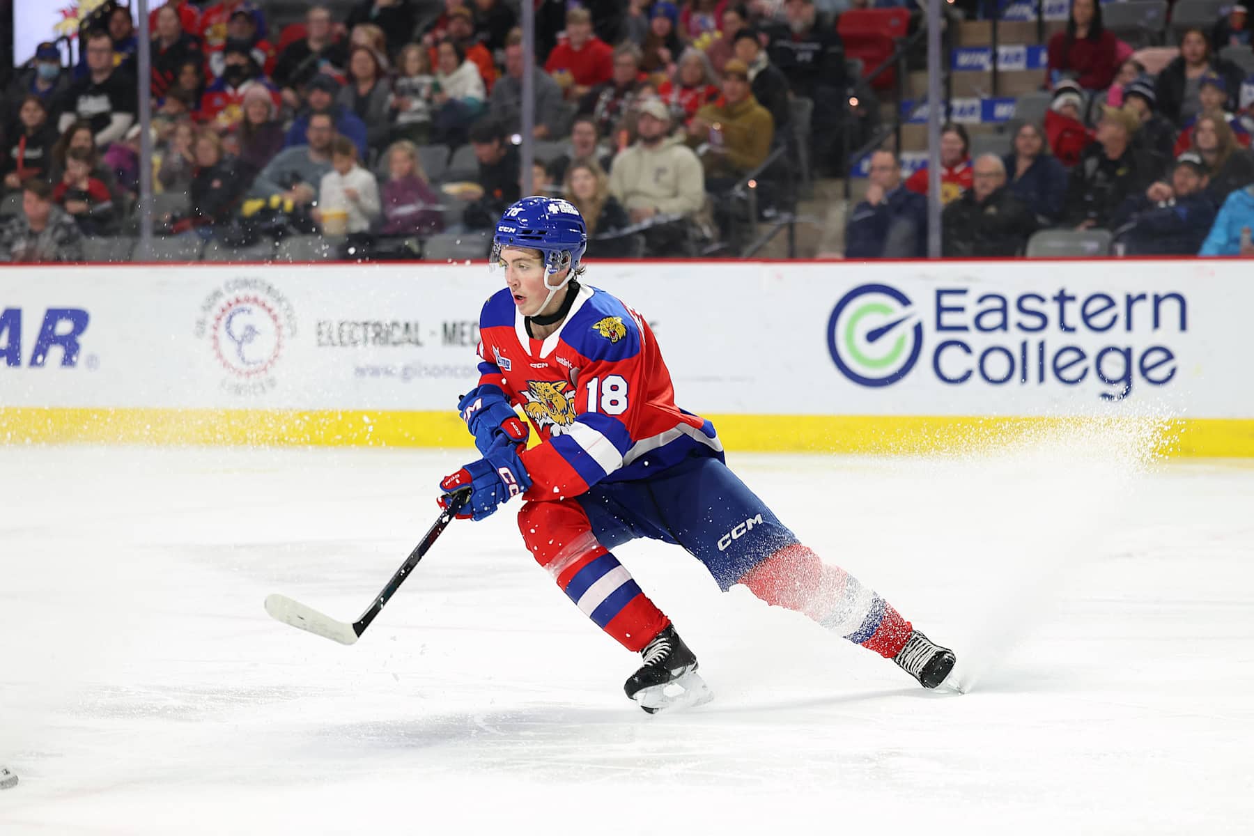MONCTON, CANADA - DECEMBER 31: Caleb Desnoyers #18 of Moncton Wildcats skates after the puck against Charlottetown Islanders during the second period at Avenir Centre on December 31, 2024 in Moncton, Canada.  (Photo by Dale Preston/Getty Images)
