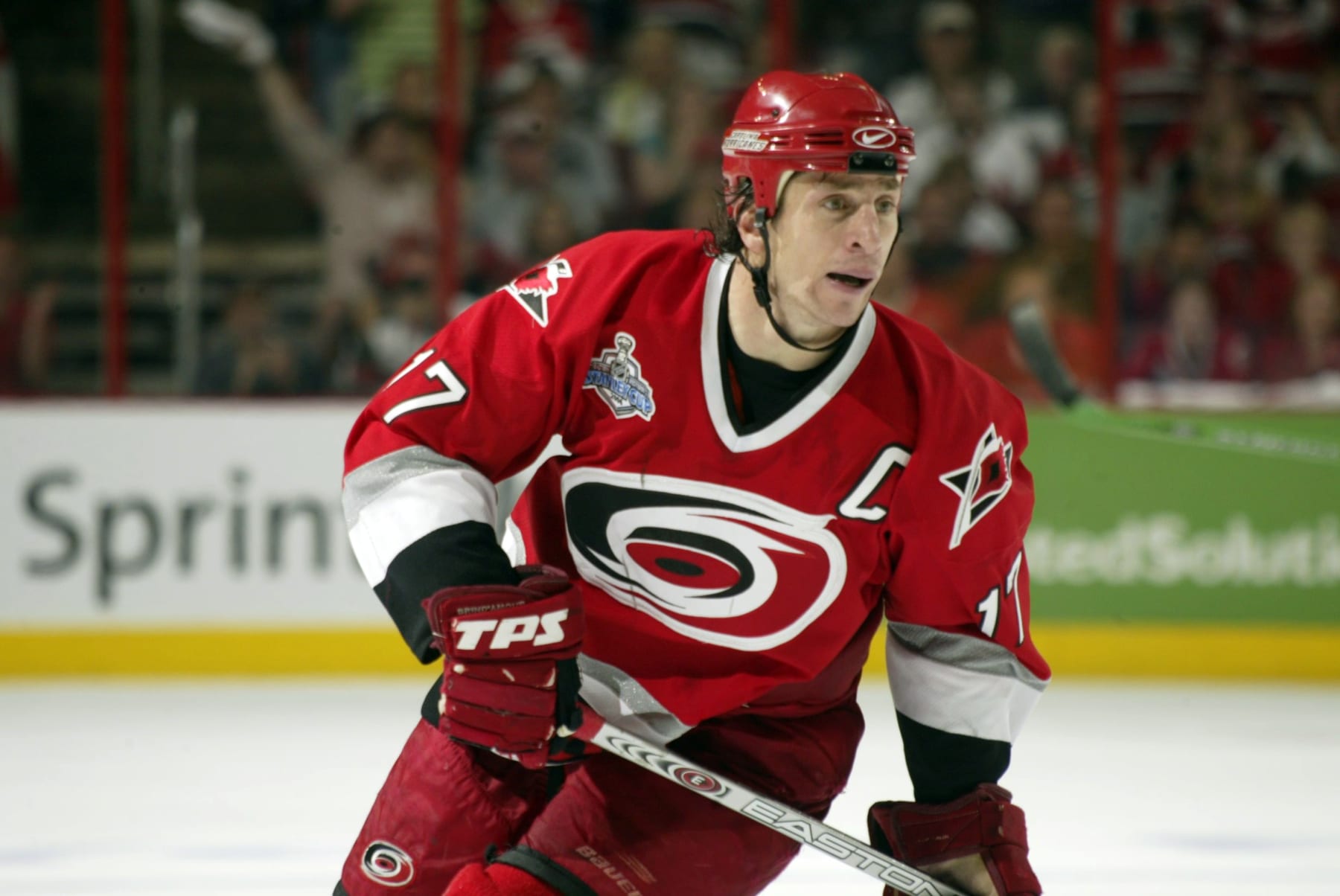 UNITED STATES - JUNE 19:  Hockey: NHL Finals, Closeup of Carolina Hurricanes Rod Brind'Amour (17) in action vs Edmonton Oilers, Game 7, Raleigh, NC 6/19/2006  (Photo by David E. Klutho/Sports Illustrated via Getty Images)  (SetNumber: X76180 TK1 R4)