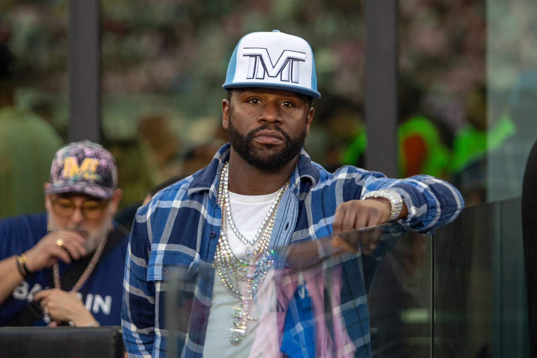 Former US boxer Floyd Mayweather Jr attends the Major League Soccer (MLS) football match between Inter Miami CF and Nashville SC at DRV PNK Stadium in Fort Lauderdale, Florida, on August 30, 2023. (Photo by Chris Arjoon / AFP) (Photo by CHRIS ARJOON/AFP via Getty Images)