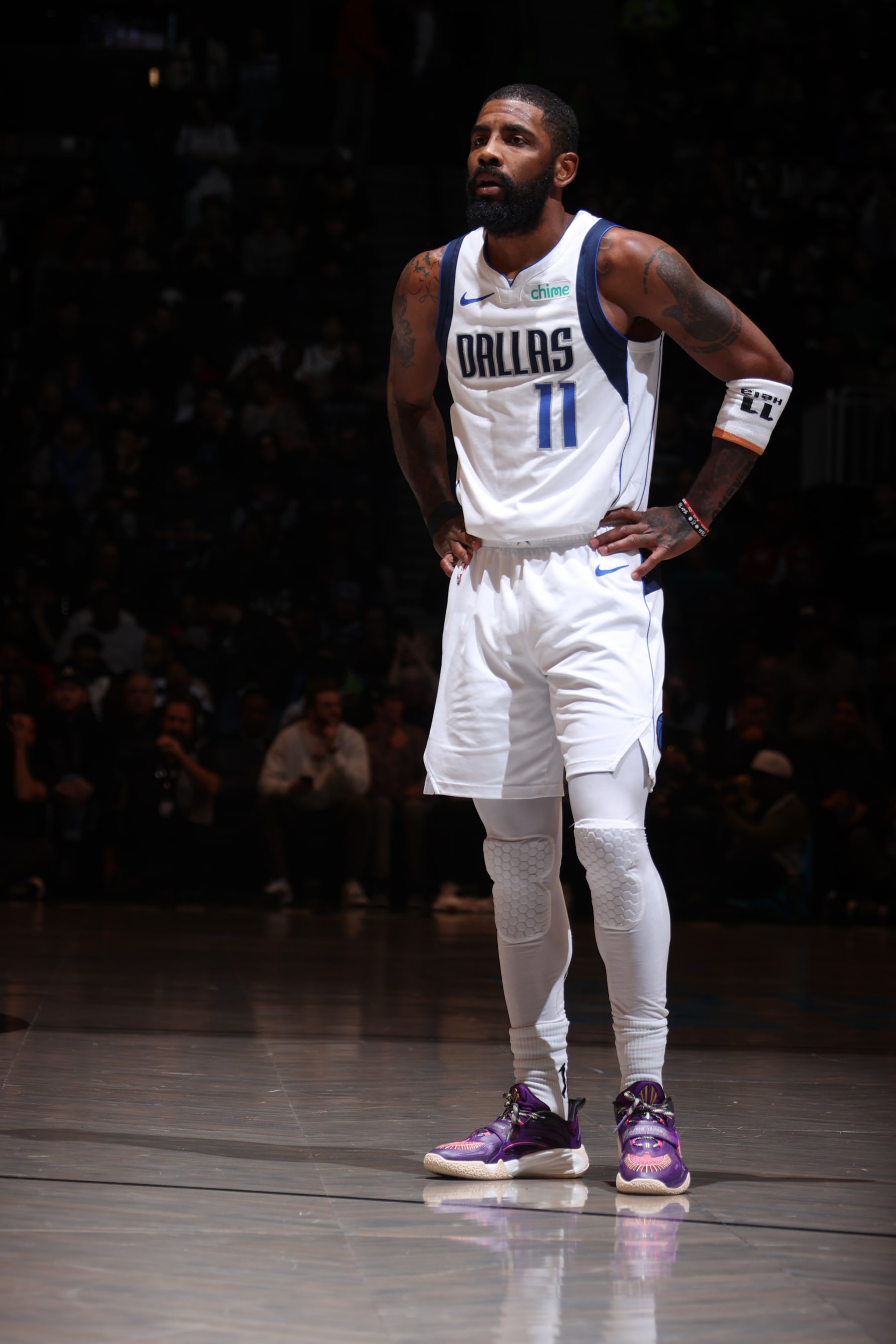 BROOKLYN, NY - FEBRUARY 6: Kyrie Irving #11 of the Dallas Mavericks looks on during the game on February 6, 2024 at Barclays Center in Brooklyn, New York. NOTE TO USER: User expressly acknowledges and agrees that, by downloading and or using this Photograph, user is consenting to the terms and conditions of the Getty Images License Agreement. Mandatory Copyright Notice: Copyright 2024 NBAE (Photo by Nathaniel S. Butler/NBAE via Getty Images)
