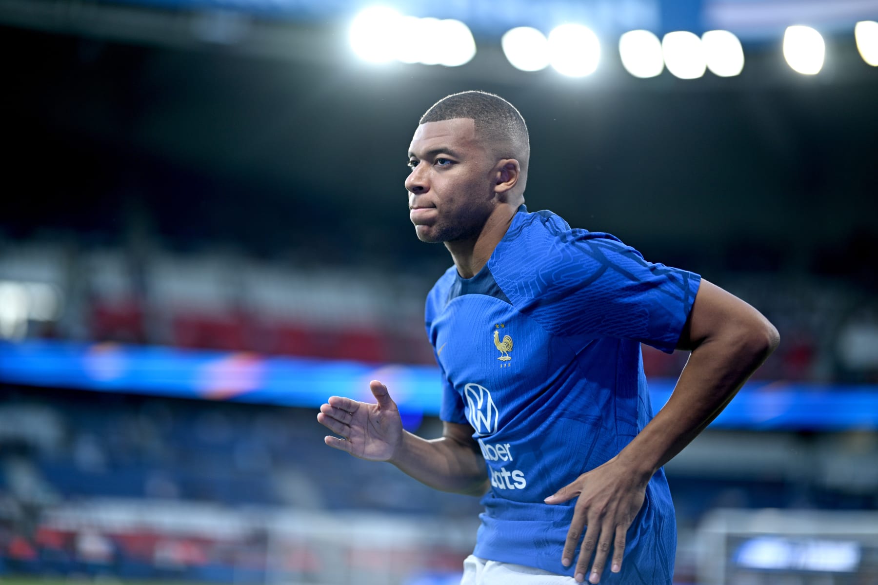 PARIS, FRANCE - SEPTEMBER 7: Kylian Mbappé of France warms up prior the UEFA EURO 2024 European qualifier match between France and Republic of Ireland at Parc des Princes on September 7, 2023 in Paris, France. (Photo by Lionel Hahn/Getty Images)