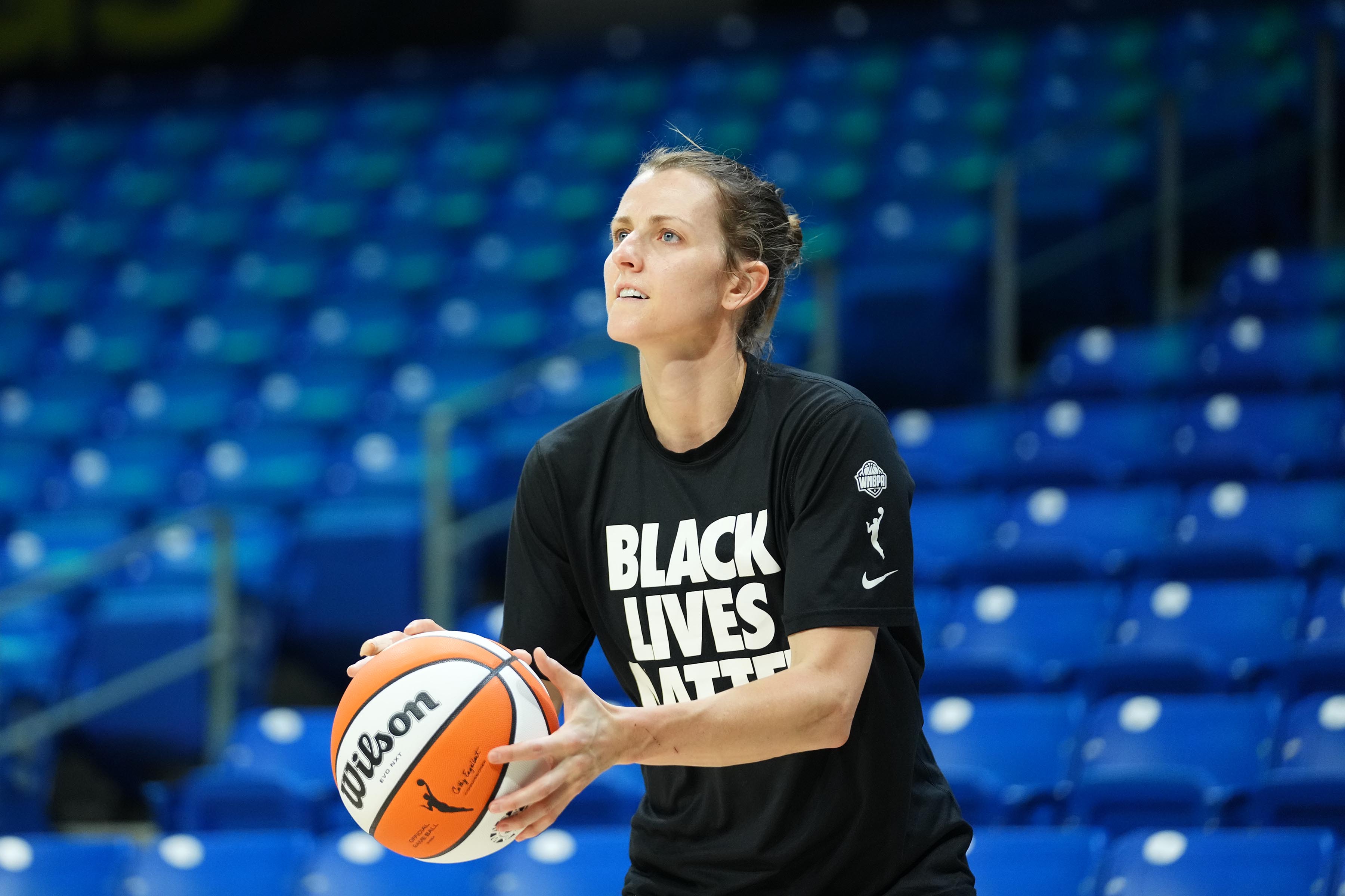ARLINGTON, TX - JULY 2:   Allie Quigley #14 of the Chicago Sky looks to shoot the ball before the game against the Dallas Wings on July 2, 2021 at the College Park Center in Arlington, Texas. NOTE TO USER: User expressly acknowledges and agrees that, by downloading and or using this Photograph, user is consenting to the terms and conditions of the Getty Images License Agreement. Mandatory Copyright Notice: Copyright 2021 NBAE (Photo by Cooper Neill/NBAE via Getty Images)