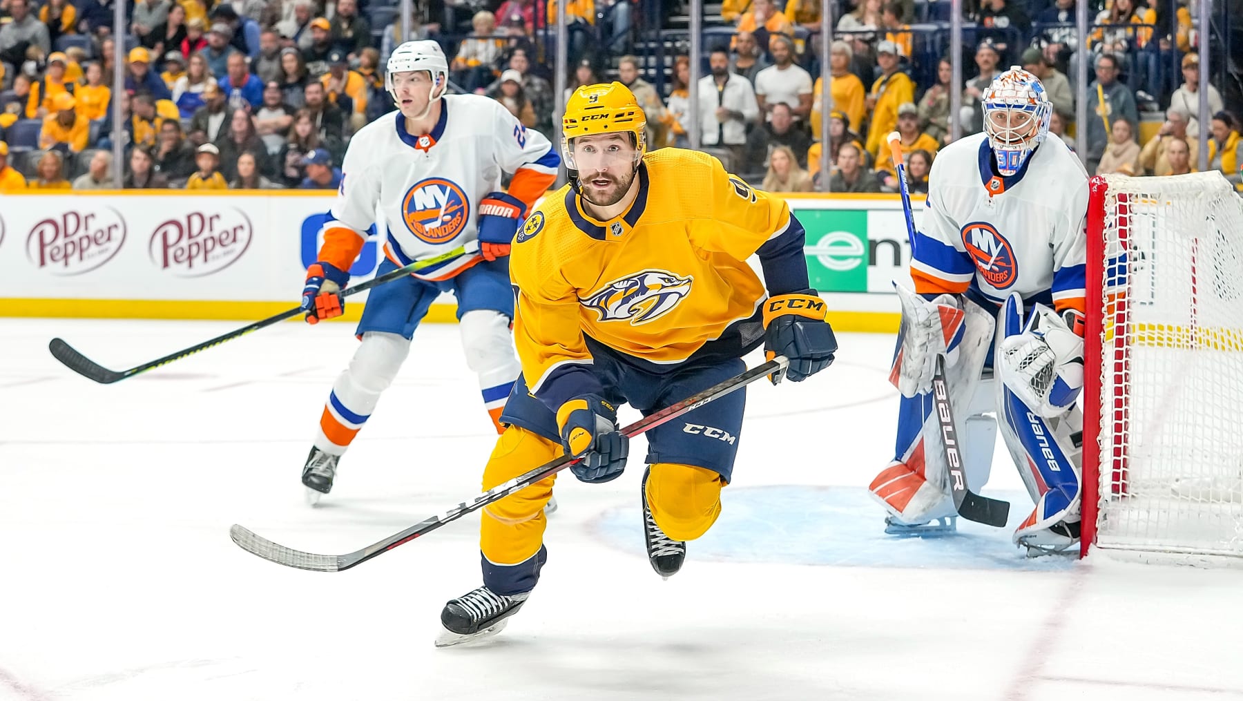 NASHVILLE, TN - OCTOBER 30: Filip Forsberg #9 of the Nashville Predators skates against the New York Islanders during an NHL game at Bridgestone Arena on October 30, 2021 in Nashville, Tennessee. (Photo by John Russell/NHLI via Getty Images)