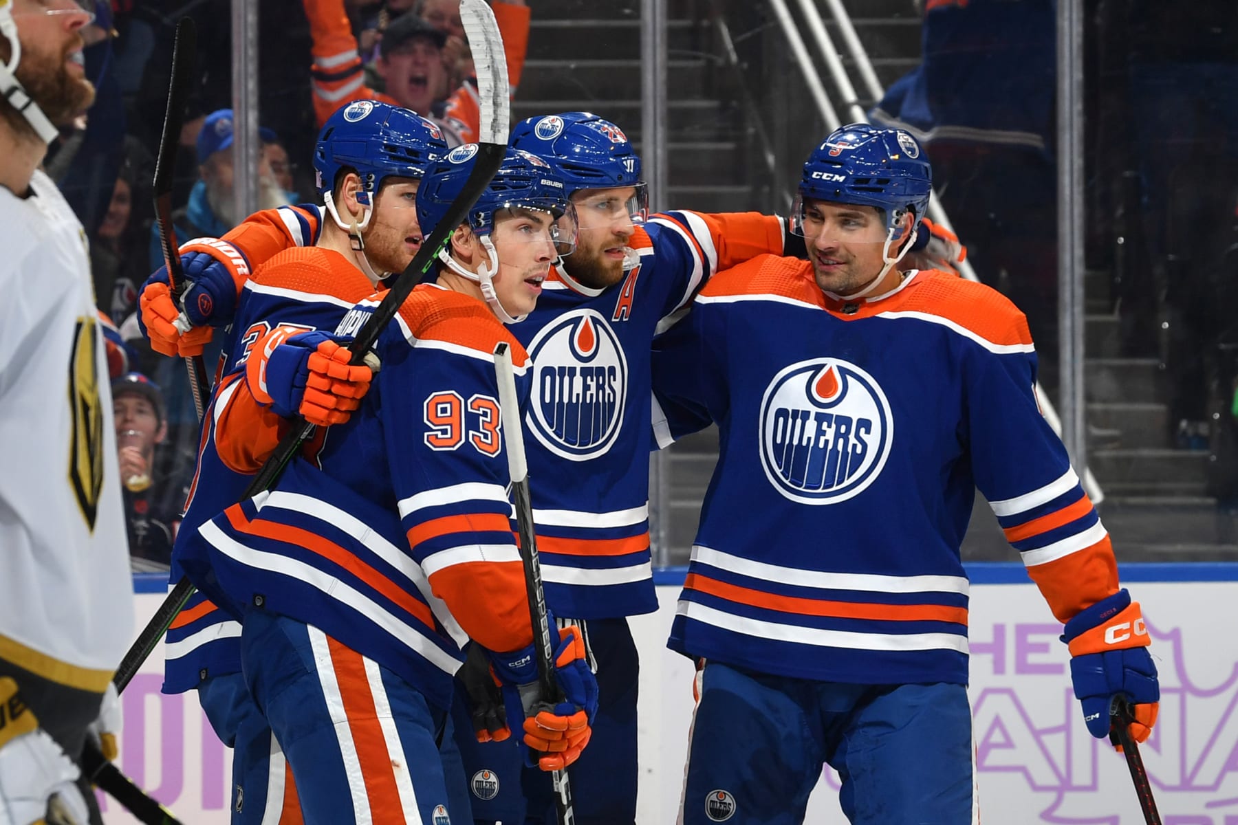EDMONTON, CANADA - NOVEMBER 19: Leon Draisaitl #29 of the Edmonton Oilers celebrates a goal against the Vegas Golden Knights with Ryan Nugent-Hopkins #93, Warren Foegele #37 and Cody Ceci #5 during the second period on November 19, 2022 at Rogers Place in Edmonton, Alberta, Canada. (Photo by Andy Devlin/NHLI via Getty Images)