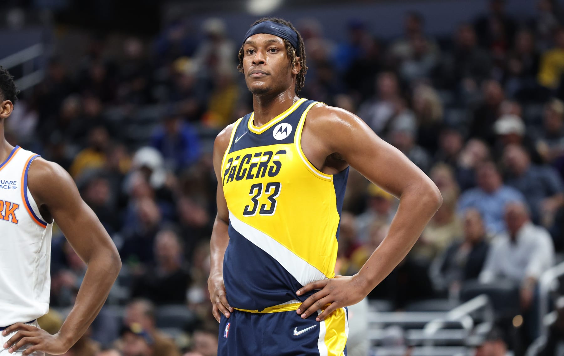 INDIANAPOLIS, INDIANA - DECEMBER 08:  Myles Turner #33 of the Indiana Pacers against the  New York Knicks at Gainbridge Fieldhouse on December 08, 2021 in Indianapolis, Indiana.     NOTE TO USER: User expressly acknowledges and agrees that, by downloading and or using this Photograph, user is consenting to the terms and conditions of the Getty Images License Agreement.  (Photo by Andy Lyons/Getty Images)