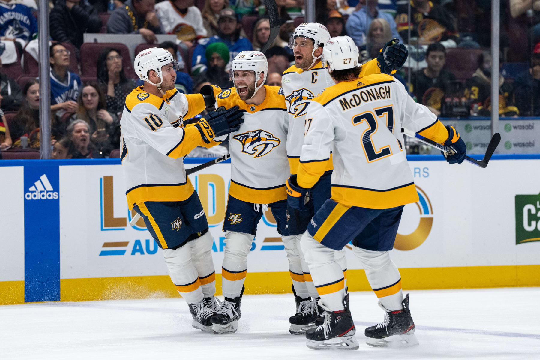 VANCOUVER, BC - APRIL 21: Nashville Predators center Colton Sissons (10), left wing Jason Zucker (16), defenseman Roman Josi (59), and defenseman Ryan McDonagh (27) celebrate a goal during Game One of the First Round of the 2024 Stanley Cup playoffs between the Nashville Predators and the Vancouver Canucks on April 21, 2024, at Rogers Arena in Vancouver, B.C. (Photo by Ethan Cairns/Icon Sportswire via Getty Images)