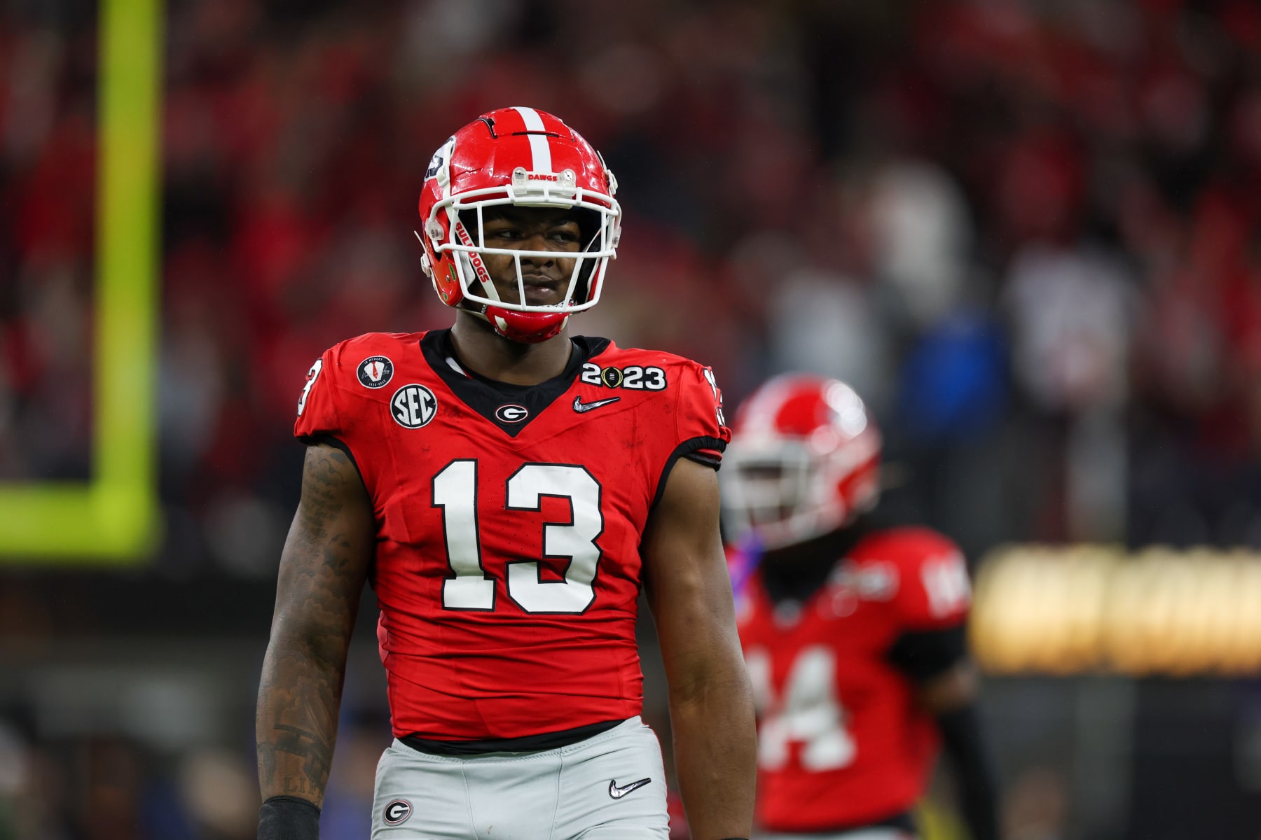INGLEWOOD, CA - JANUARY 09: Georgia Bulldogs defensive lineman Mykel Williams (13) during the Georgia Bulldogs game versus the TCU Horned Frogs in the College Football Playoff National Championship game on January 9, 2023, at SoFi Stadium in Inglewood, CA. (Photo by Jordon Kelly/Icon Sportswire via Getty Images)