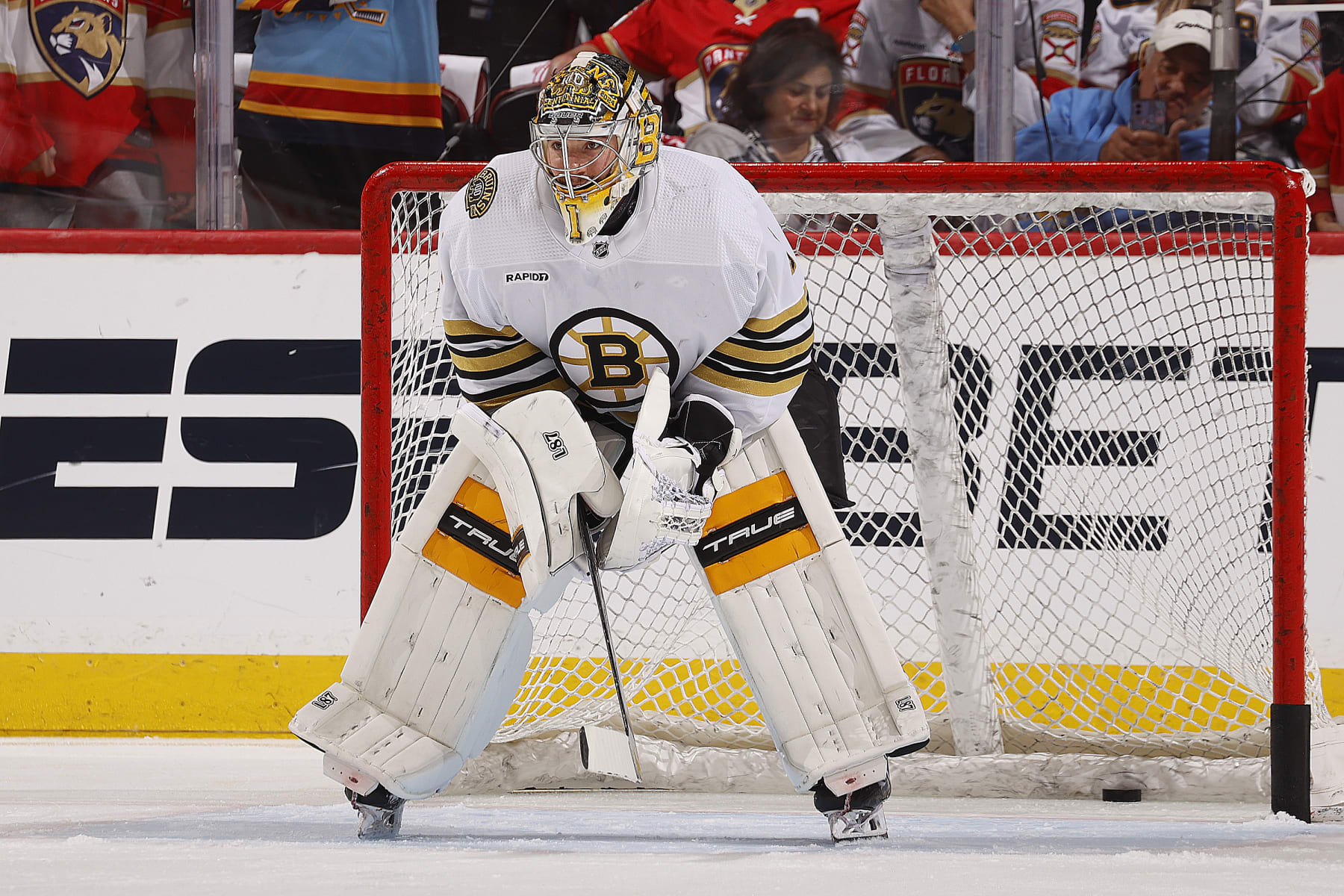 SUNRISE, FLORIDA - MAY 14: Goaltender Jeremy Swayman #1 of the Boston Bruins warms in up in net prior to the start of the game against the Florida Panthers in Game Five of the Second Round of the 2024 Stanley Cup Playoffs at the Amerant Bank Arena on May 14, 2024 in Sunrise, Florida. (Photo by Eliot J. Schechter/NHLI via Getty Images)