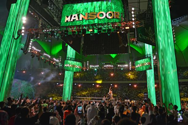 Mansoor makes his appearance during the World Wrestling Entertainment (WWE) Crown Jewel pay-per-view in Riyadh on October 31, 2019. (Photo by Fayez Nureldine / AFP) (Photo by FAYEZ NURELDINE/AFP via Getty Images)