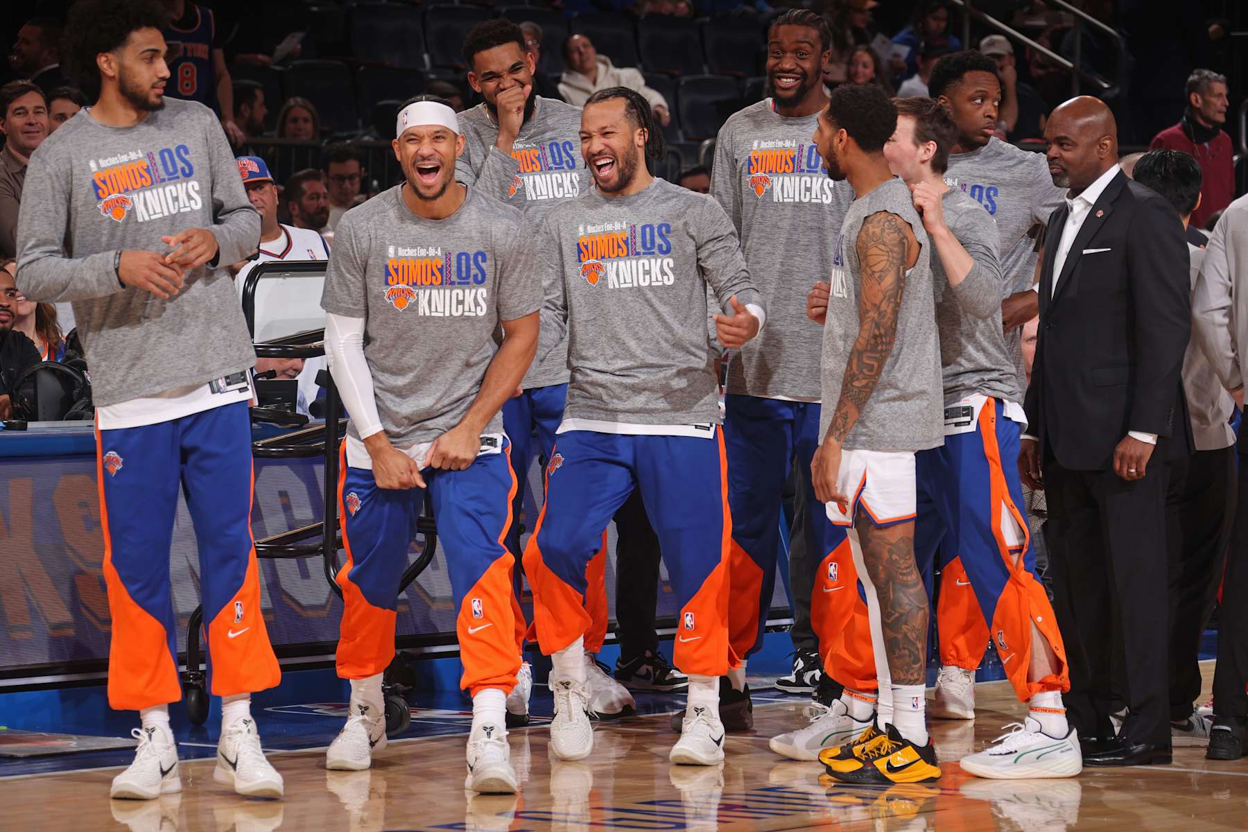 NEW YORK, NY - JANUARY 13: The New York Knicks smile before the game against the Detroit Pistons on January 13, 2025 at Madison Square Garden in New York City, New York.  NOTE TO USER: User expressly acknowledges and agrees that, by downloading and or using this photograph, User is consenting to the terms and conditions of the Getty Images License Agreement. Mandatory Copyright Notice: Copyright 2025 NBAE  (Photo by Nathaniel S. Butler/NBAE via Getty Images)
